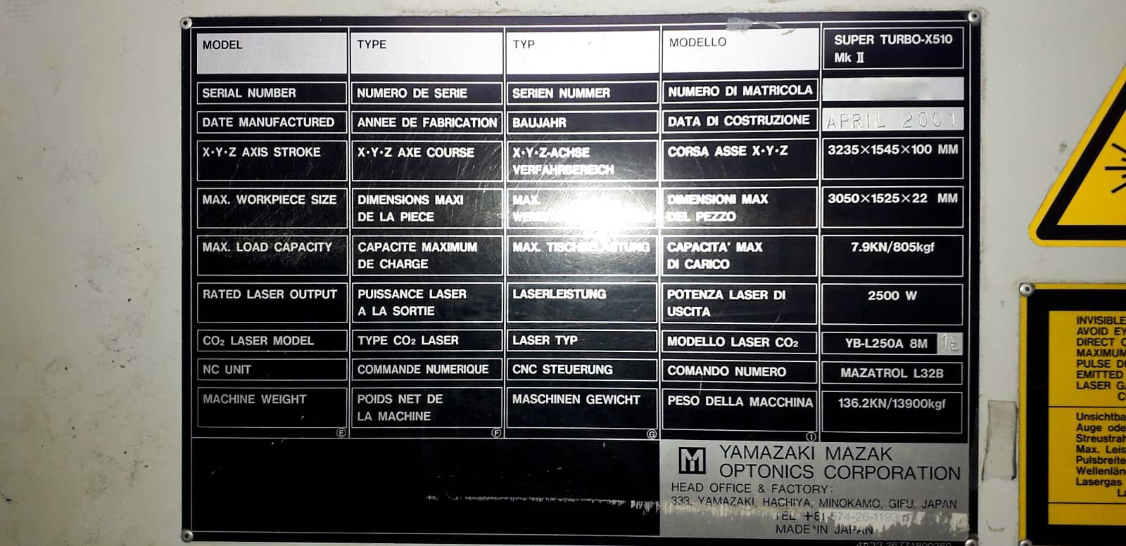 Usado Mazak Super turbo X 510 MK - Corte por láser - 2001