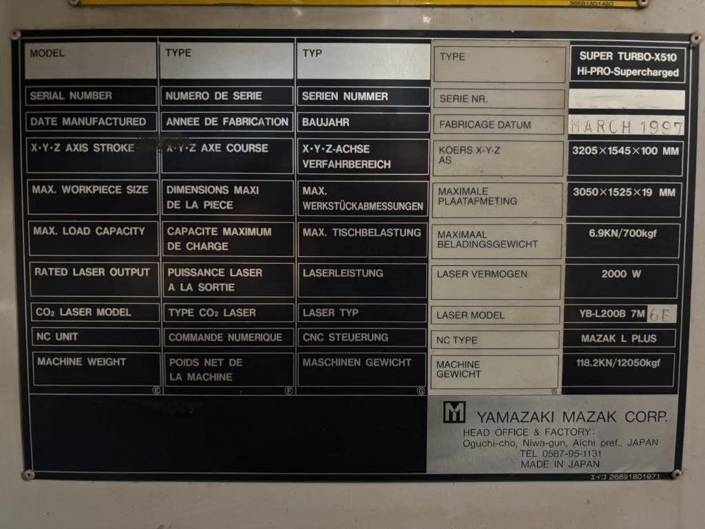 Used Mazak Super Turbo-X510Hi PRO I Laser Cutting