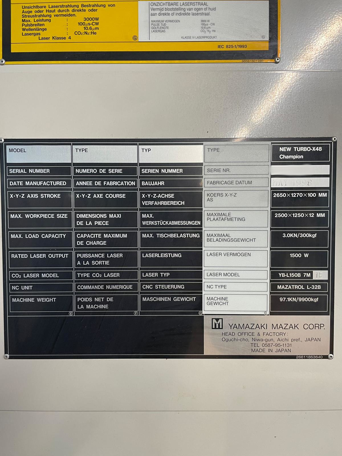 Used Mazak New Turbo-X48 Champion I Laser Cutting I 1998