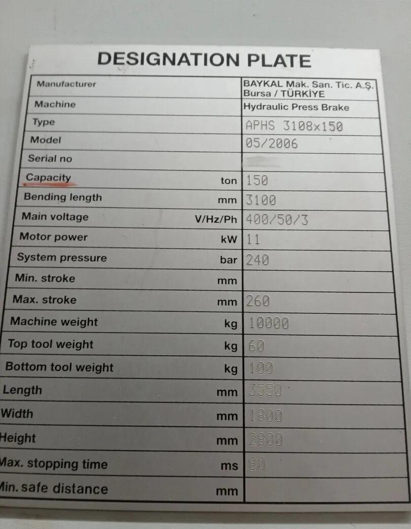 Gebruikt Baykal APHS 3108 x 150 I Pers