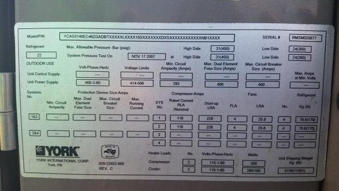 Used York Air Cooled Screw Liquid Chiller; Md#YCAS0140