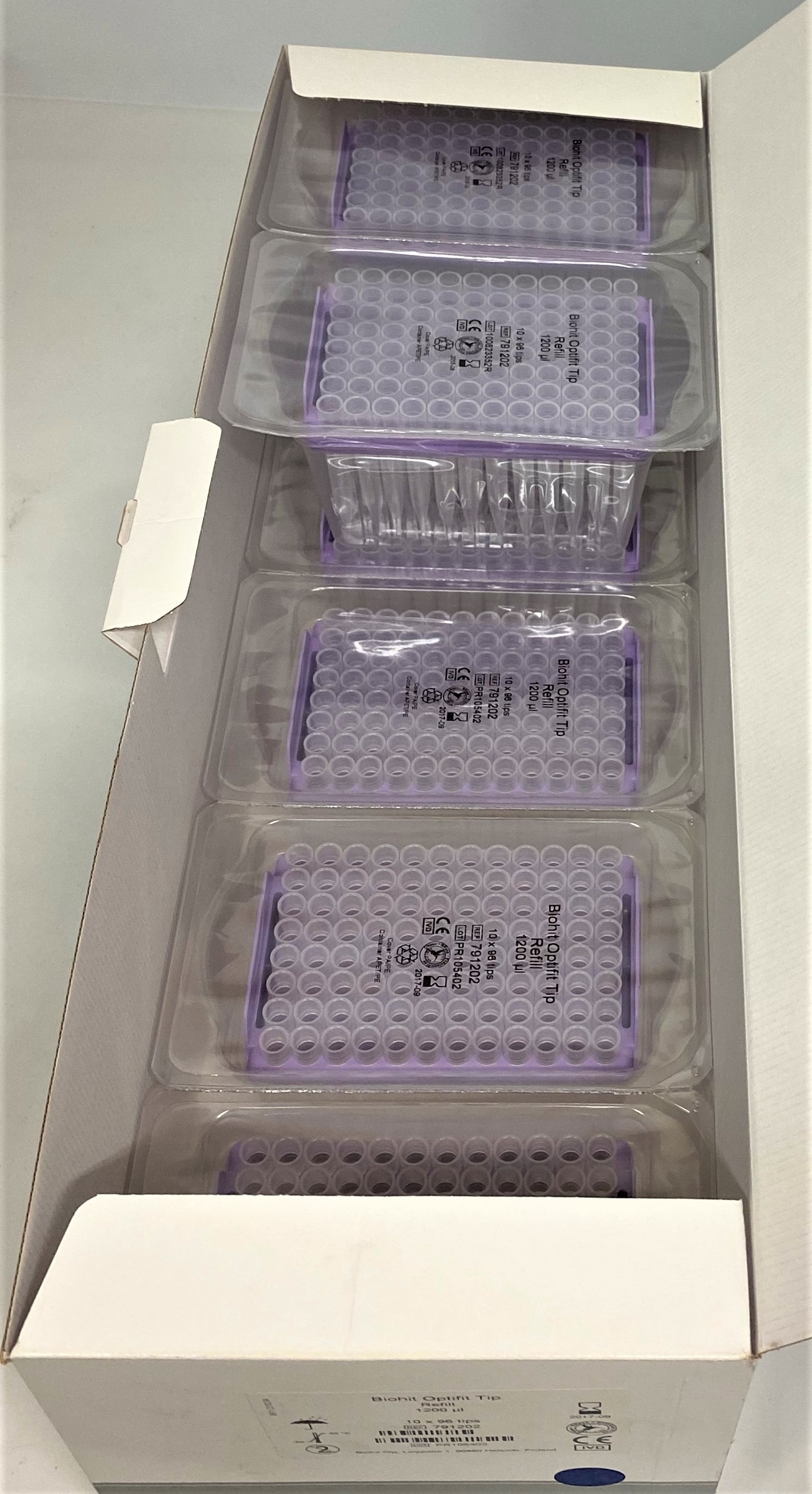 New Open Box BioHit Optifit 791202 Pipette Tip Single Refill Pack - 50 to 1200 µL (Tray of 96 Tips)