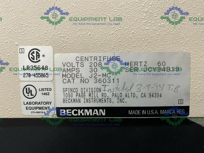 Used Beckman Coulter J2-MC Refrigerated Centrifuge w/ Piramoon FiberLite F8-4x1000y Rotor