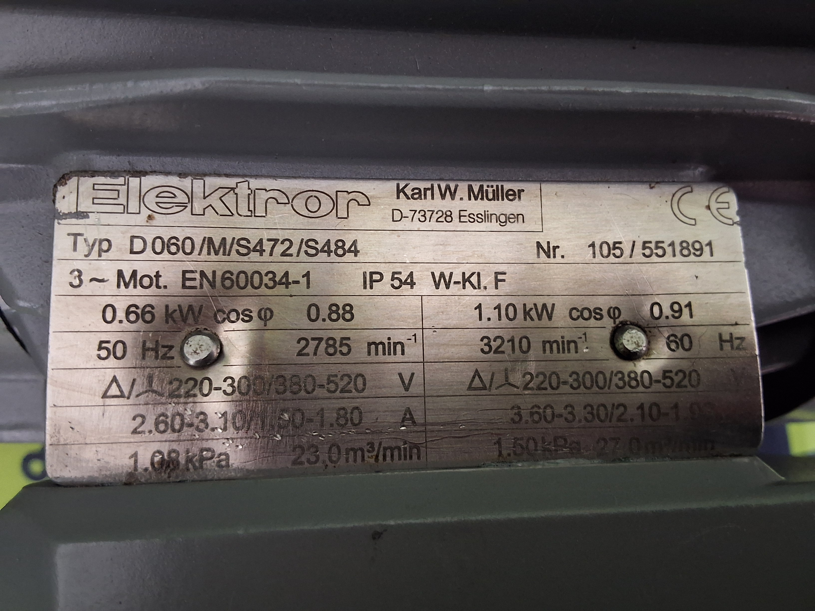 Used ELEKTROR D060/M/S472/S484 RADIAL LOW PRESSURE 3-PHASE ELECTRIC BLOWER MOTOR 230/400 VAC 0.66kW 50Hz 2785RPM