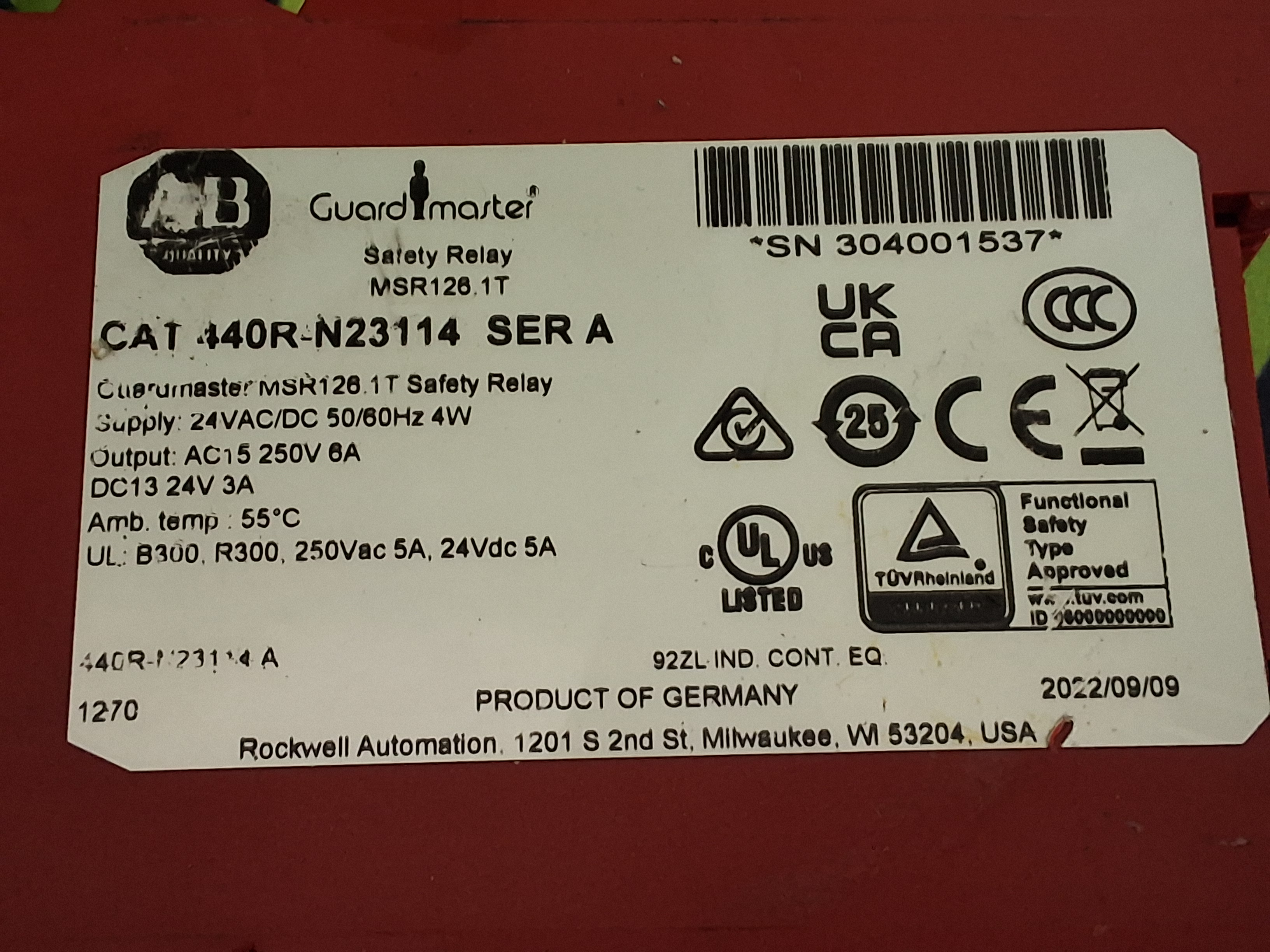 Used ALLEN-BRADLEY MSR126.1T / 440R-N23114 GUARDMASTER SAFETY RELAY 24V 3A