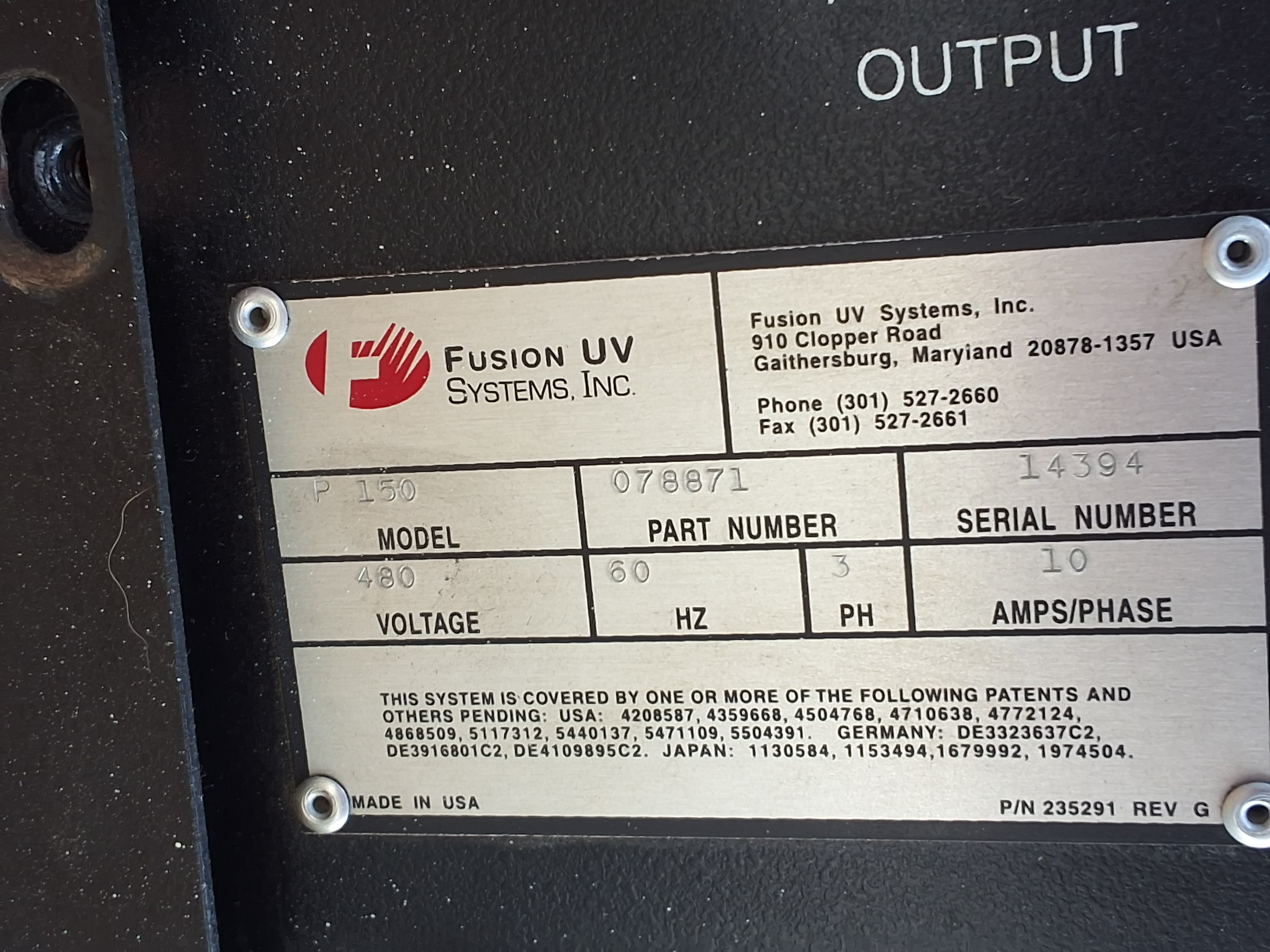 Used FUSION UV SYSTEMS P150 / 078871 POWER SUPPLY 3-PHASE 480V 10A 60Hz