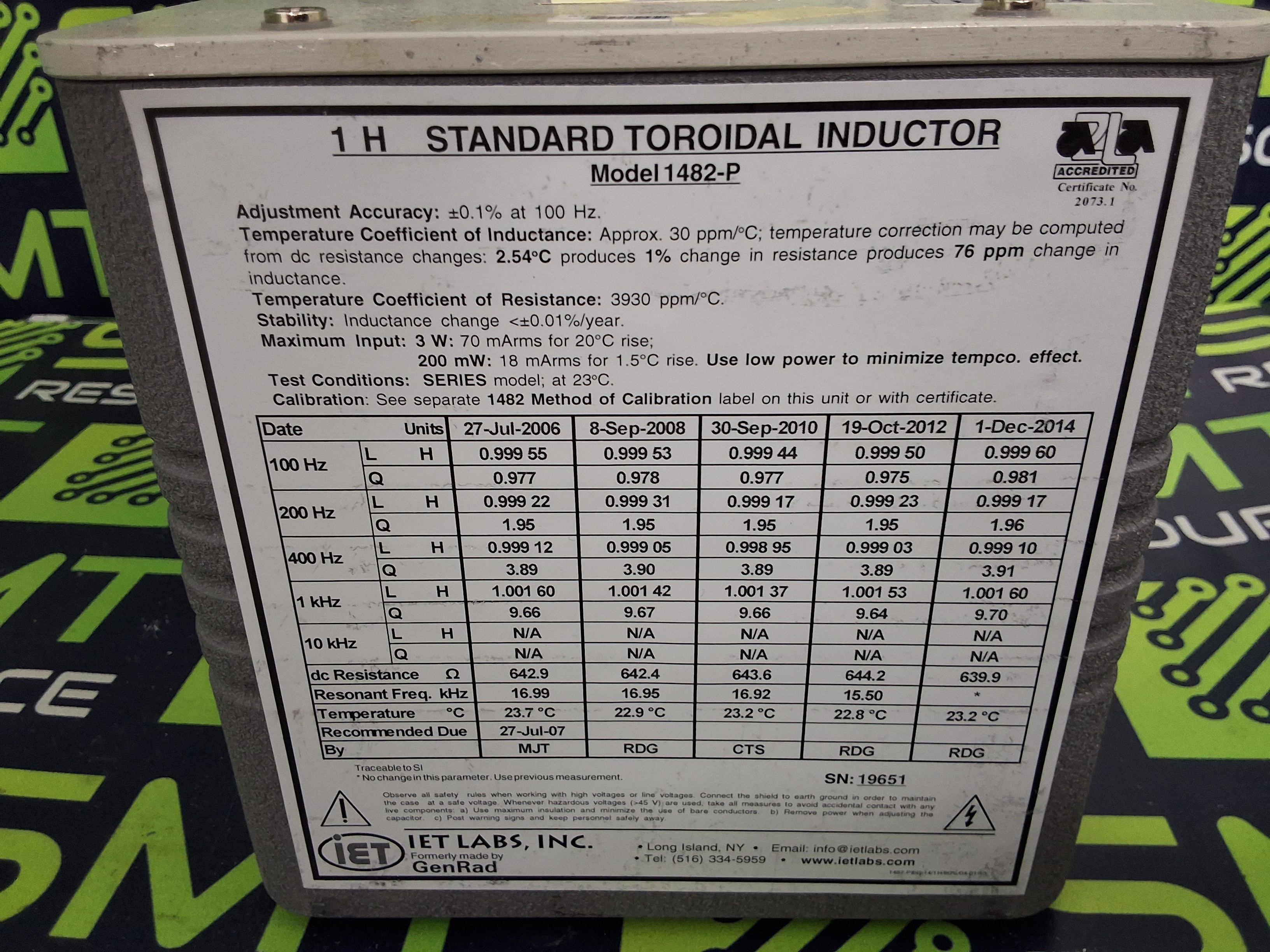 Used GENERAL RADIO COMPANY GenRad IET LABS 1482-R STANDARD INDUCTOR 5H ±0.1%