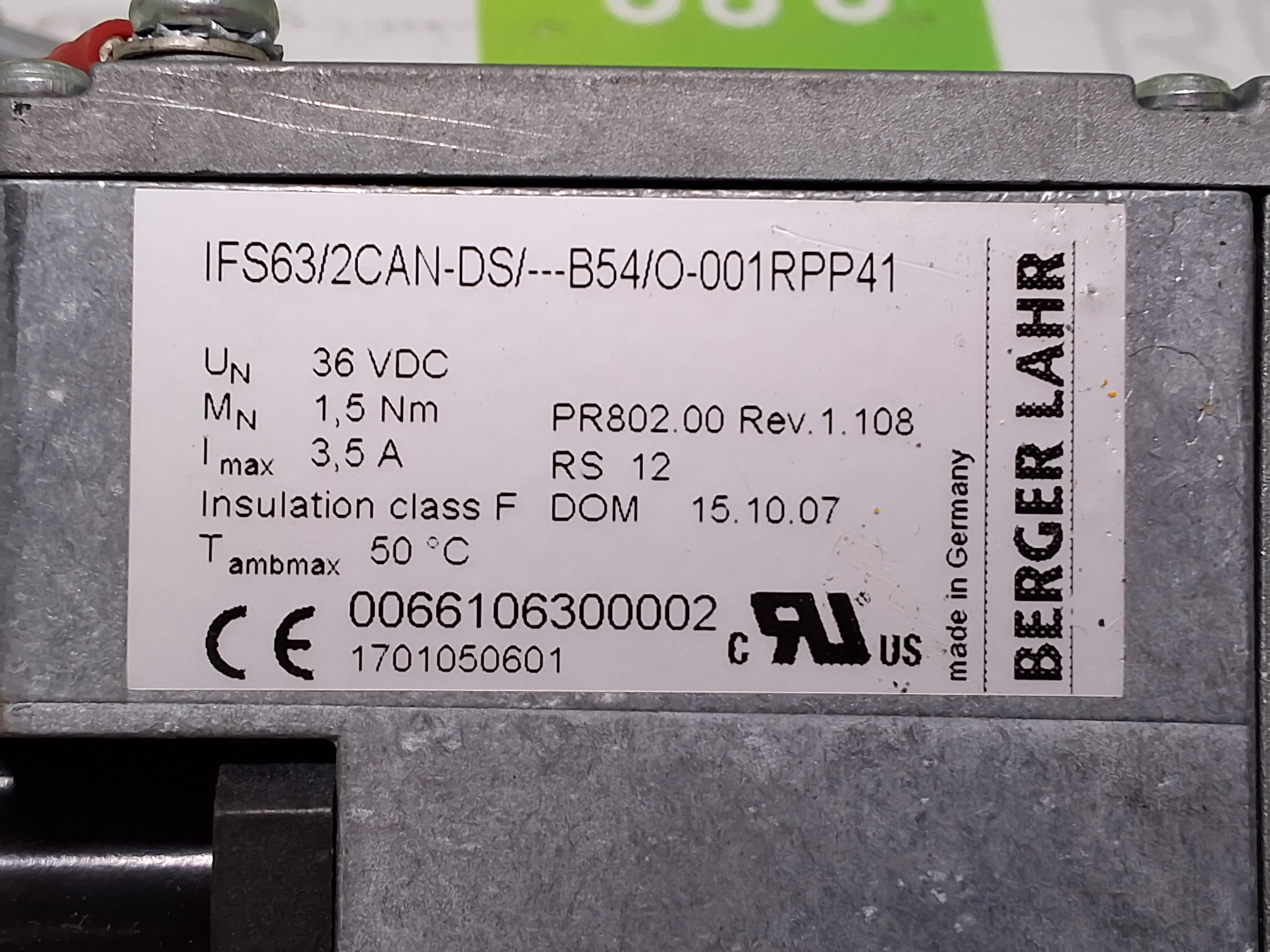 Used BERGER LAHR IFS63/2CAN-DS/---B54/O-001RPP41 SERVO MOTOR 3,5A