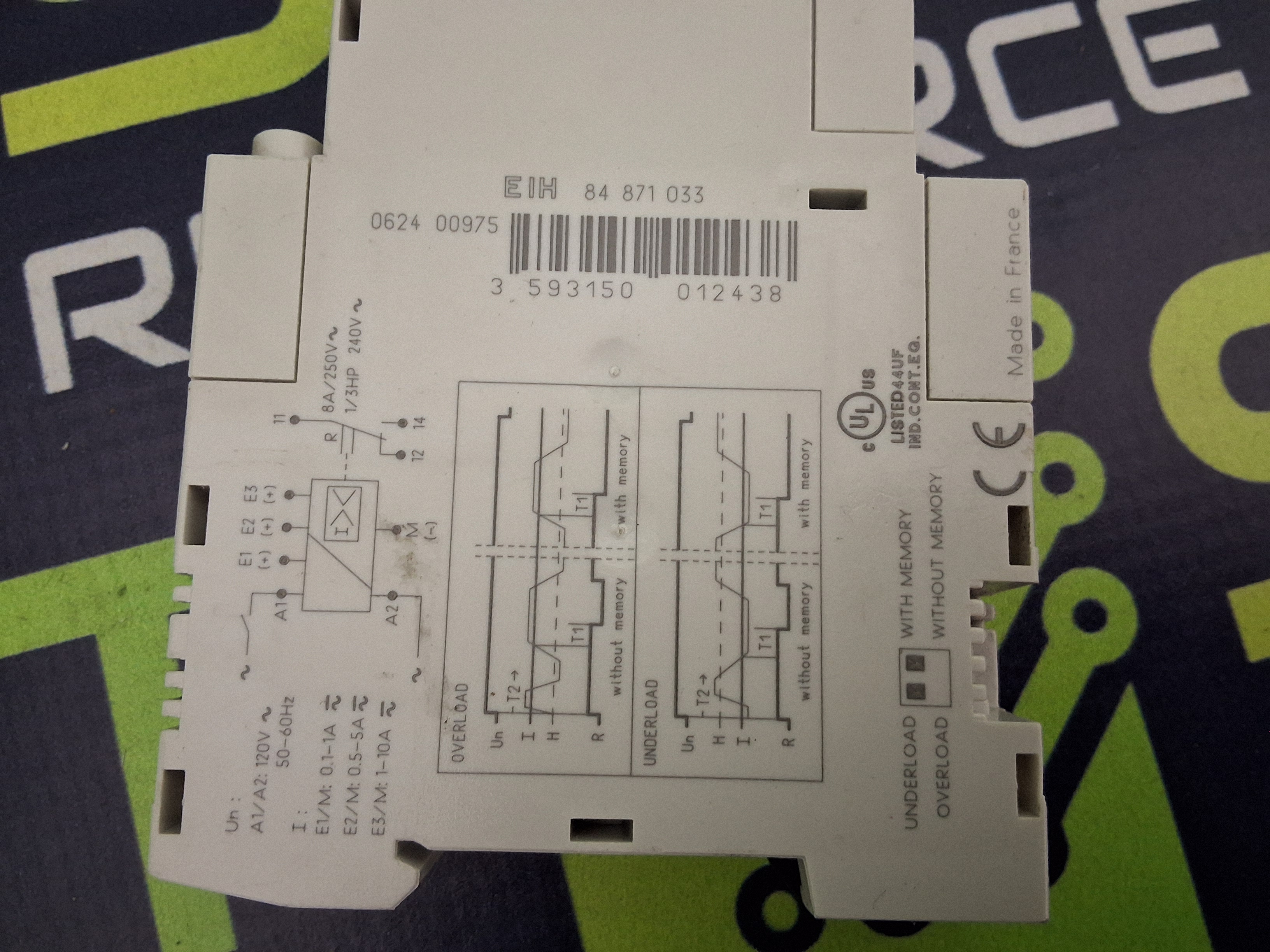 Used CROUZET EIH 84871033 CURRENT MONITORING CONTROL RELAY 120VAC 50/60Hz