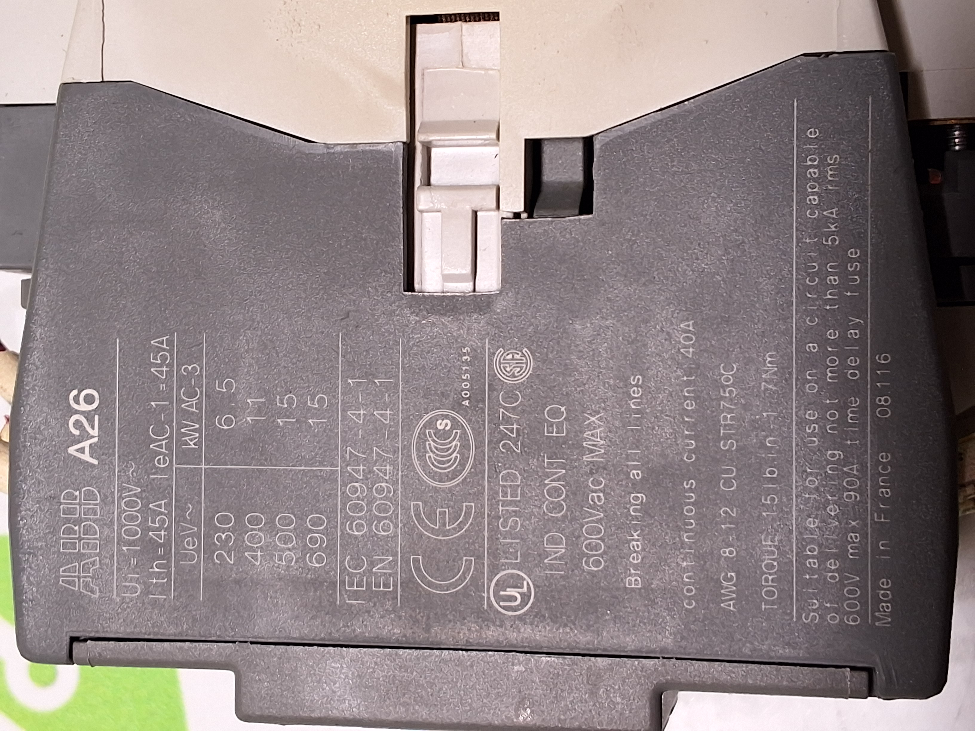 Used ABB A26-40-00 CONTACTOR A26 45A 600VAC