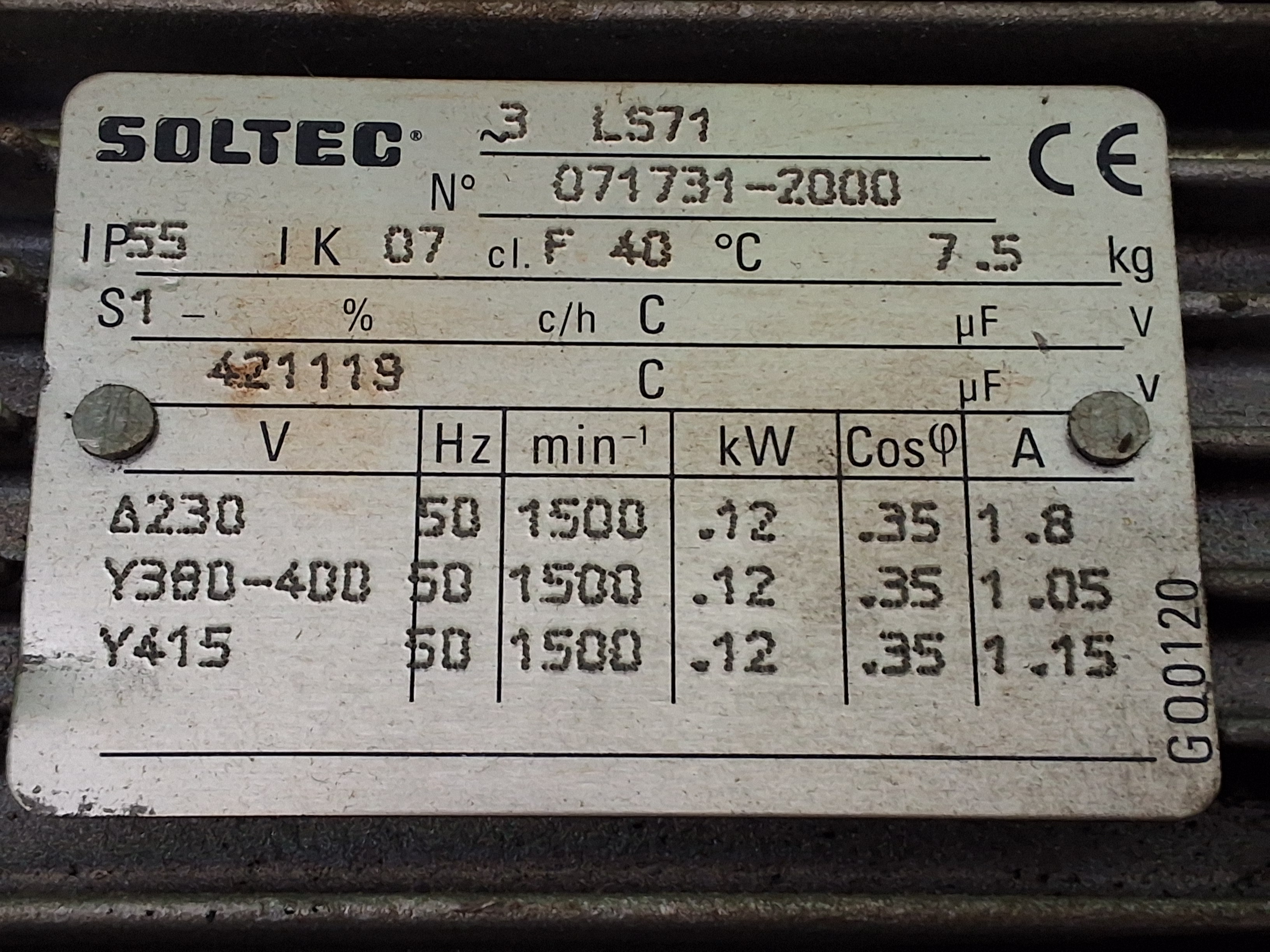 Used SOLTEC 3 LS71 MOTOR WITH LEROY SOMER MVDE M00C GEARBOX / GEAR REDUCER