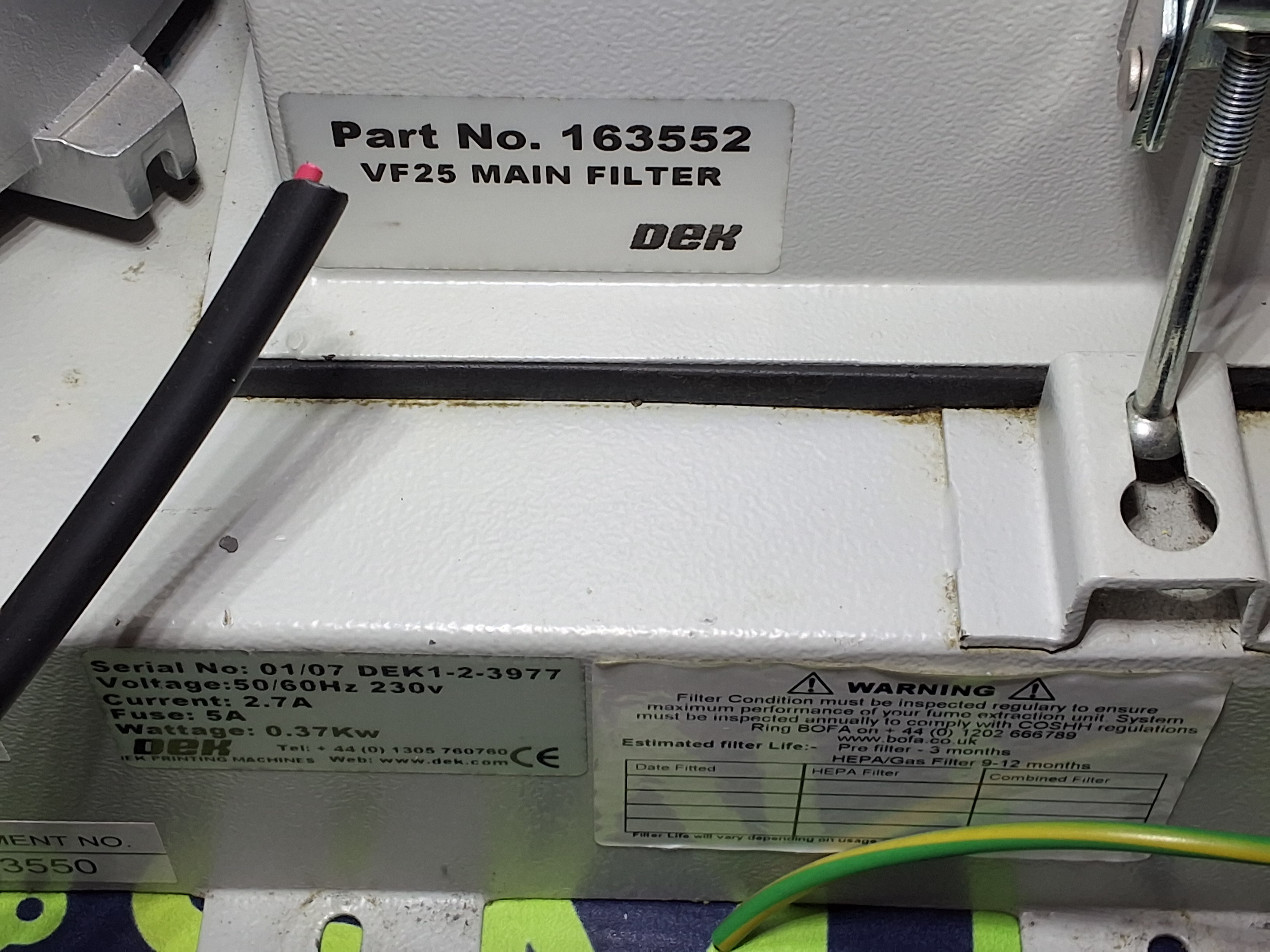 Used DEK 163552 VF25 MAIN FILTER SCREEN PRINTER VACUUM PUMP ASSEMBLY 163550