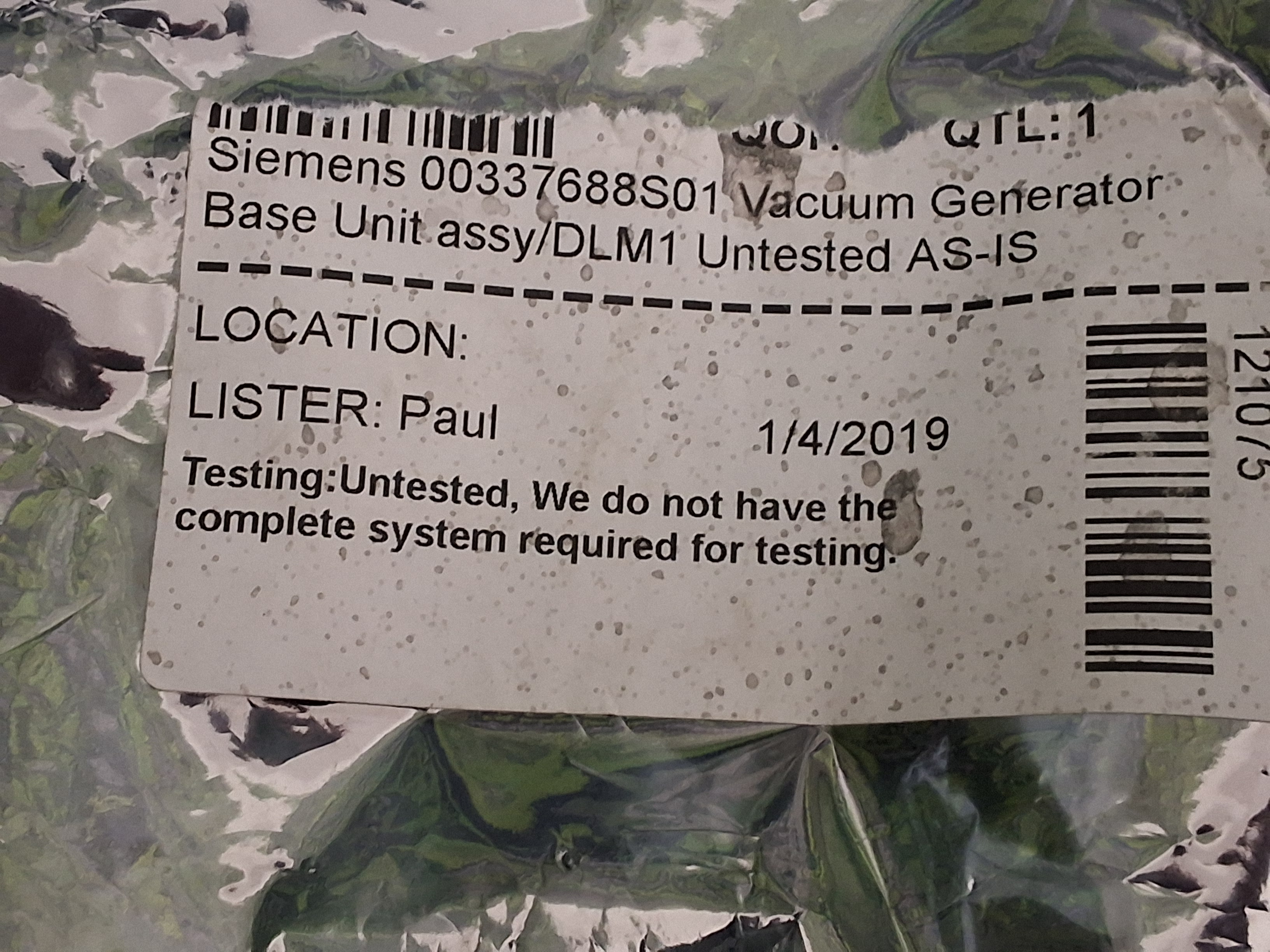 SIEMENS 00337688S01 VACUUM GENERATOR BASE ASSEMBLY DLM1 - BRAND NEW