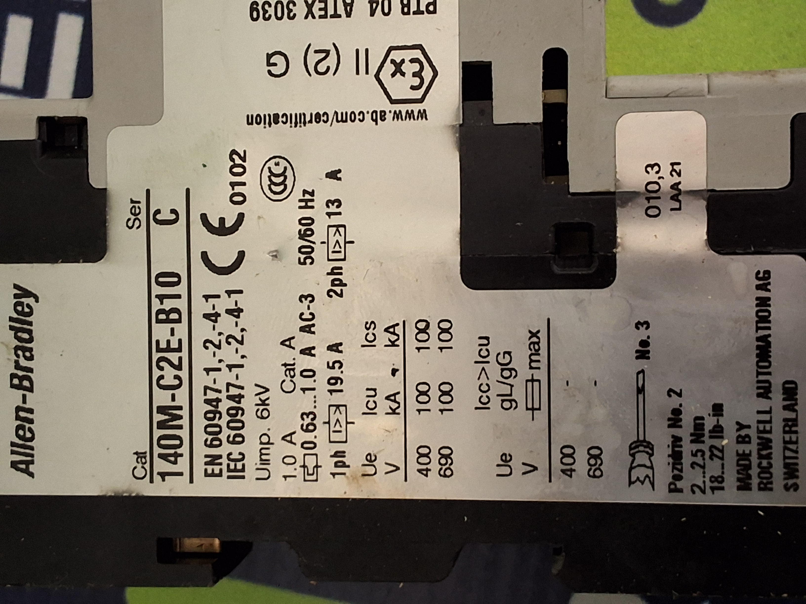 Used ALLEN-BRADLEY 140M-C2E-B10 / 140M-C2E CIRCUIT BREAKER 2-PHASE 13A 50/60Hz