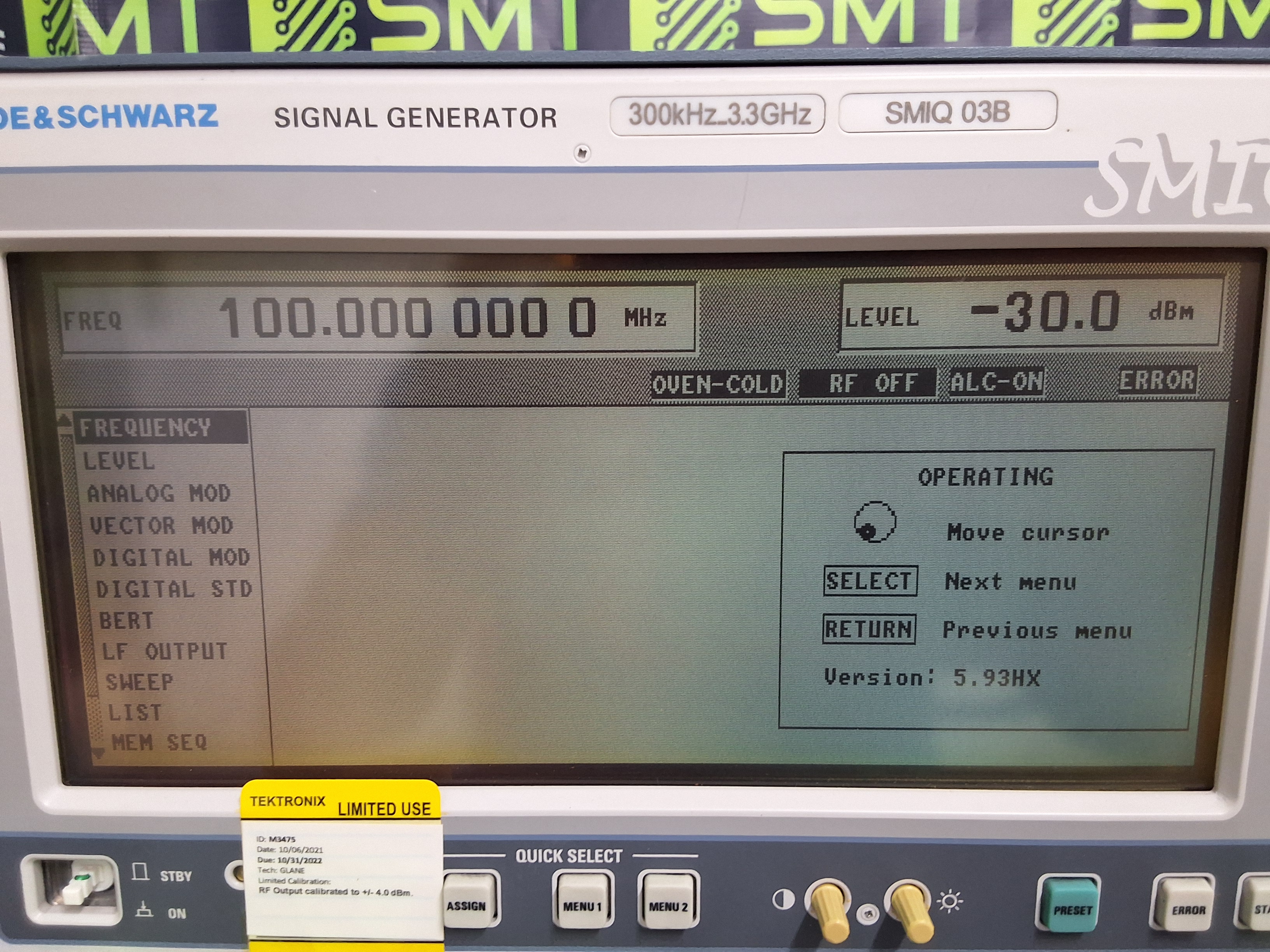 Used ROHDE & SCHWARZ SMIQ03B SIGNAL GENERATOR 300kHz 303GHz