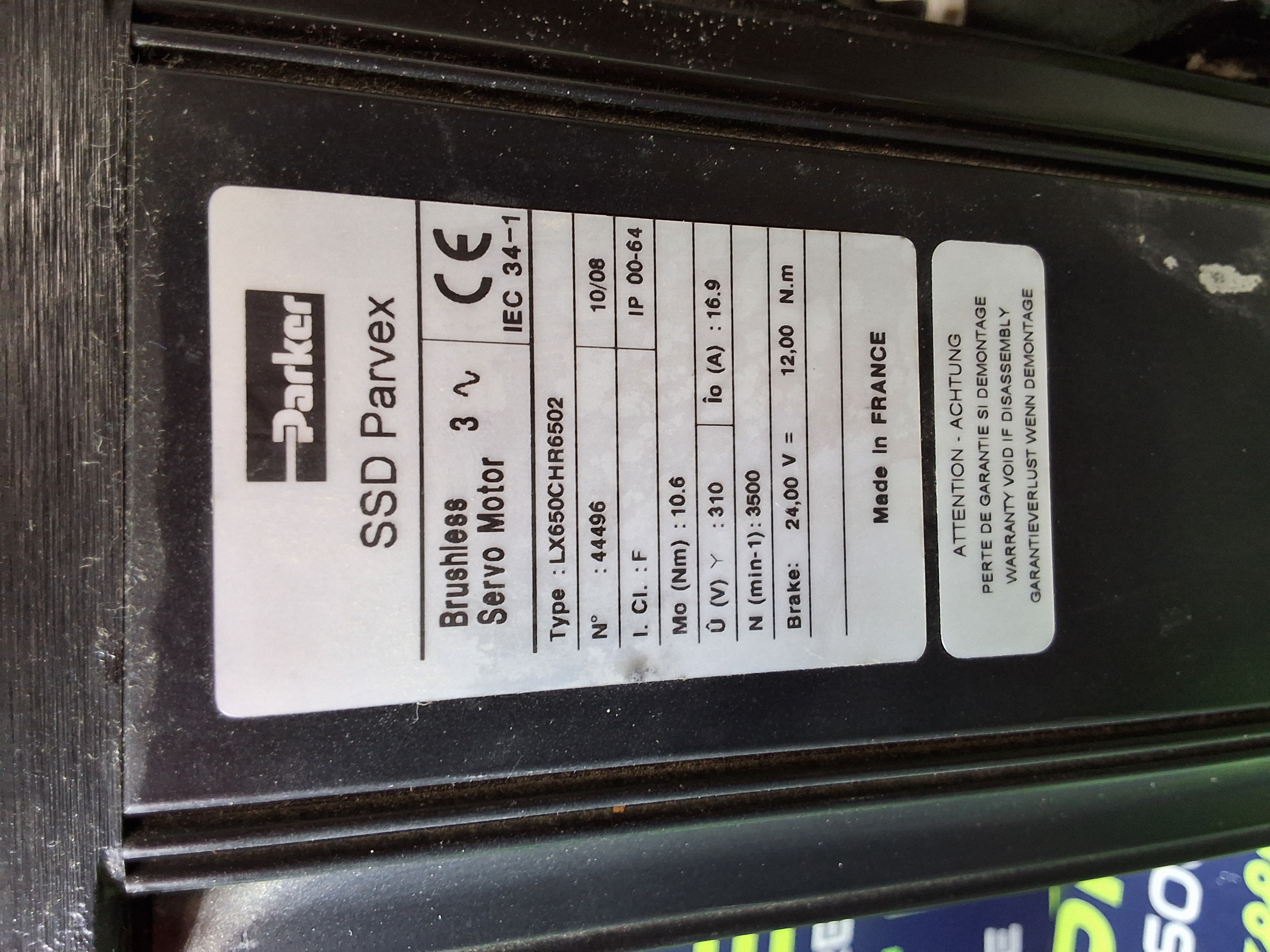 Used SSD PARVEX LX650CHR6502 BRUSHLESS SERVO MOTOR WITH AKN 30 GERWAH PF 02/08 MOTOR COUPLER