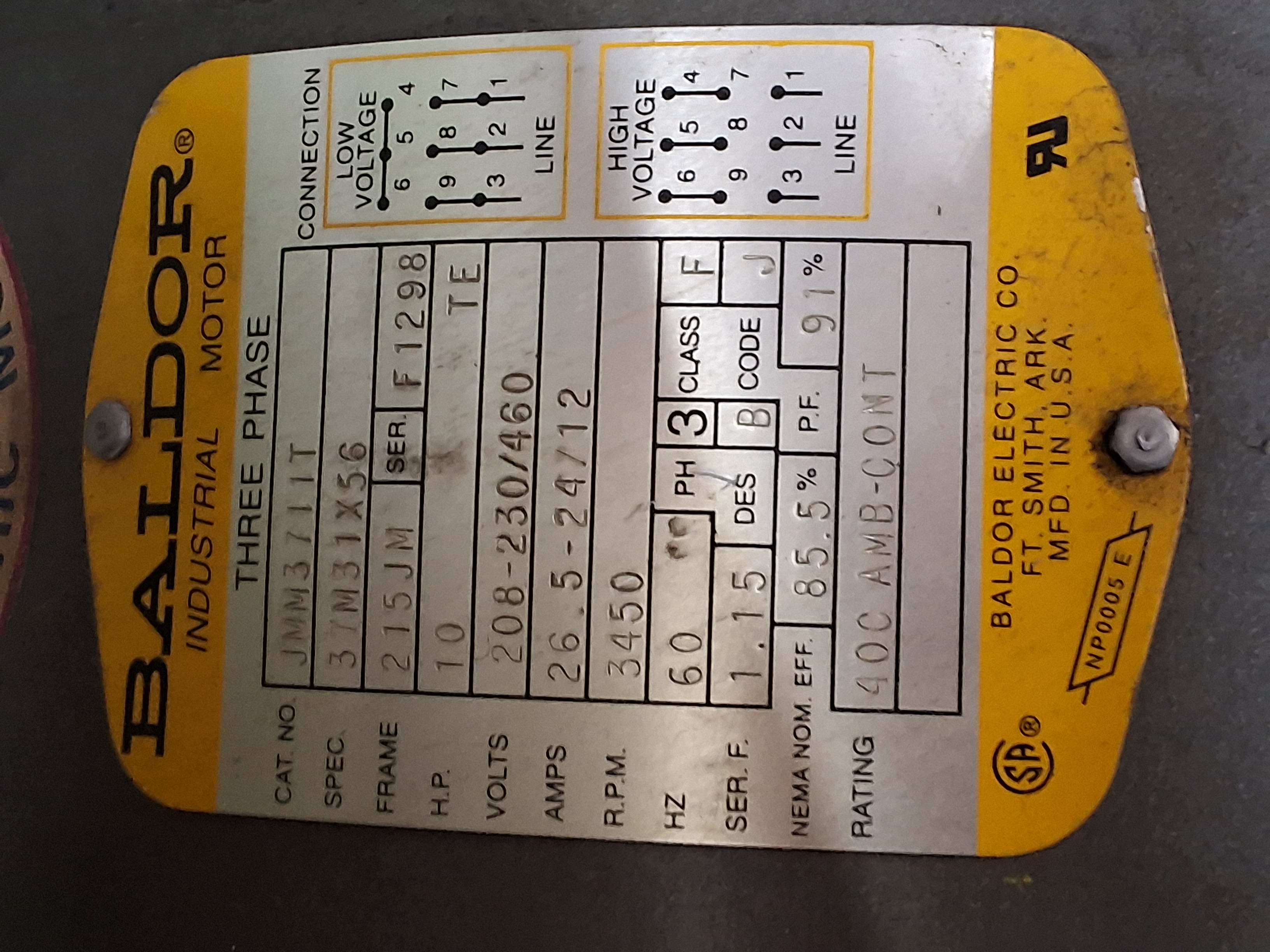 Used BALDOR JMM3711T INDUSTRIAL MOTOR 10HP, 3450RPM, 230/460V, 3PHASE, 215JM Frame, 60Hz