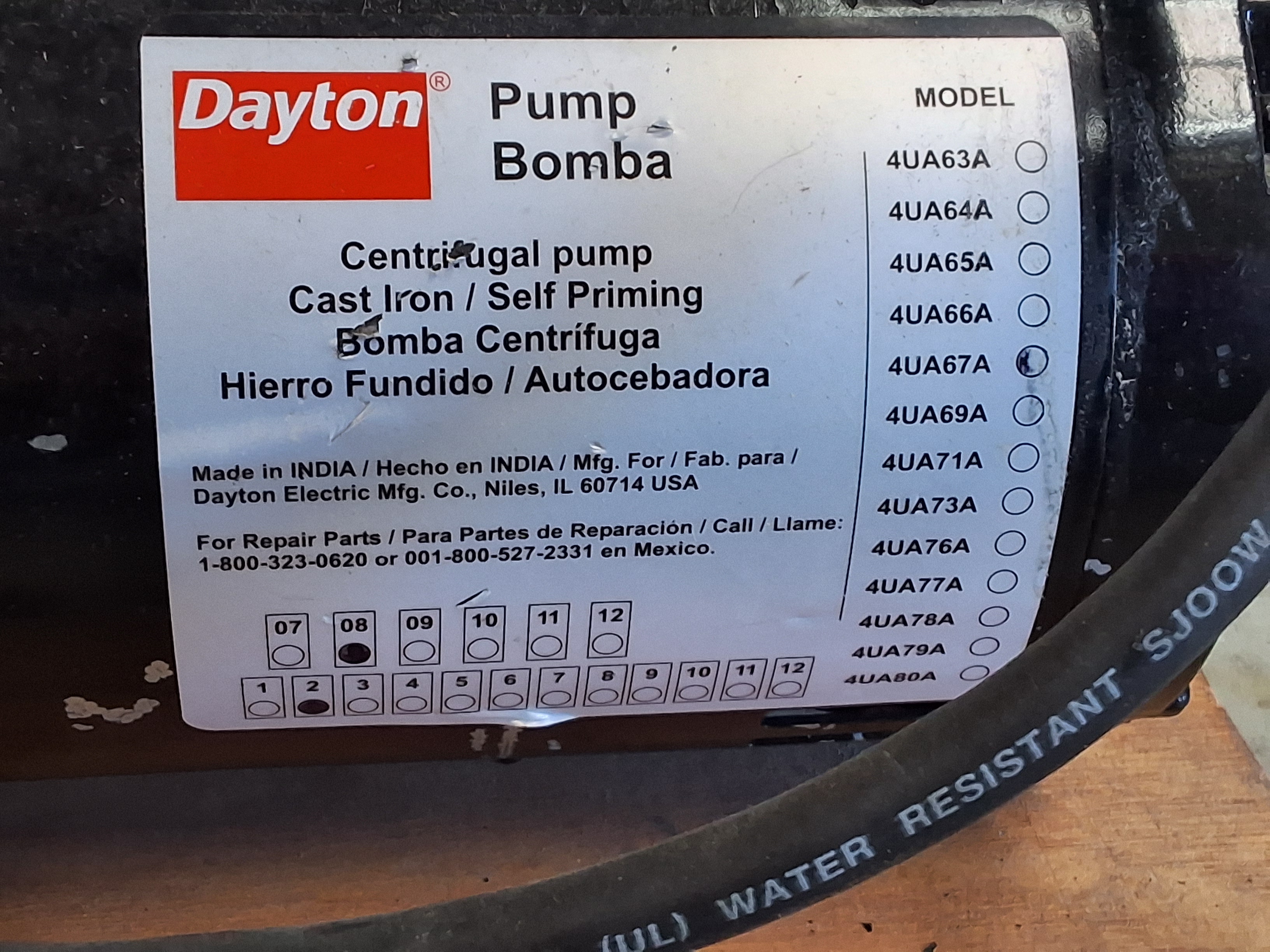 Used DAYTON LTAB21SA MOTOR DRIVEN PUMP 0.5HP 60Hz 3450RPM 115/230V