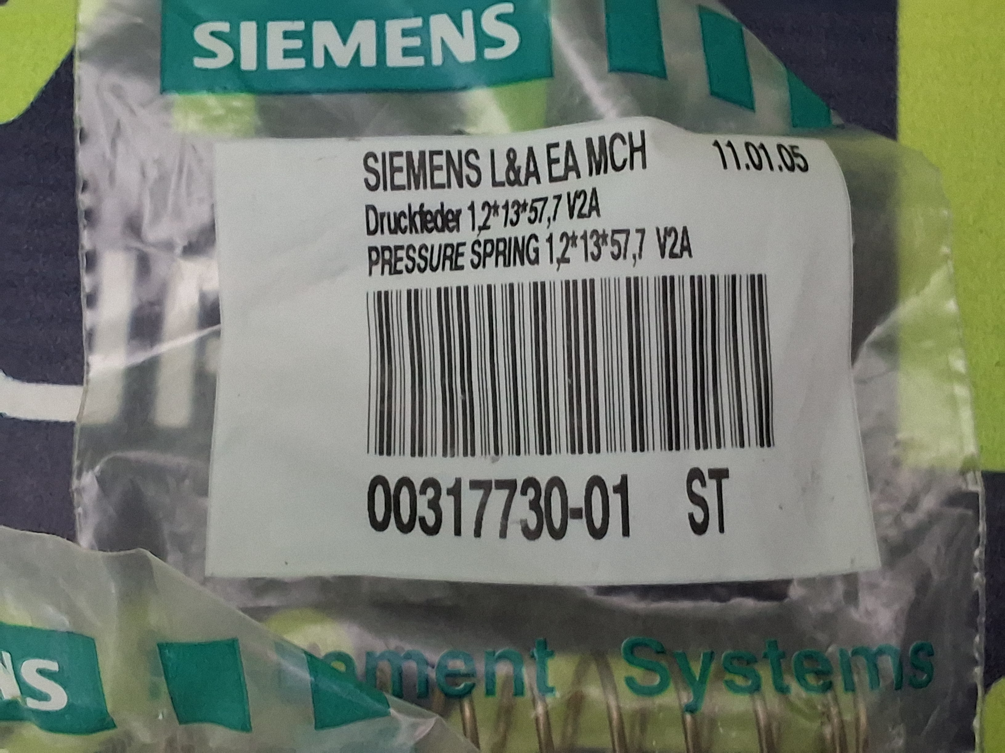 SIEMENS 00317730-01 PRESSURE SPRING 1.2x13x57.7 V2A - BRAND NEW