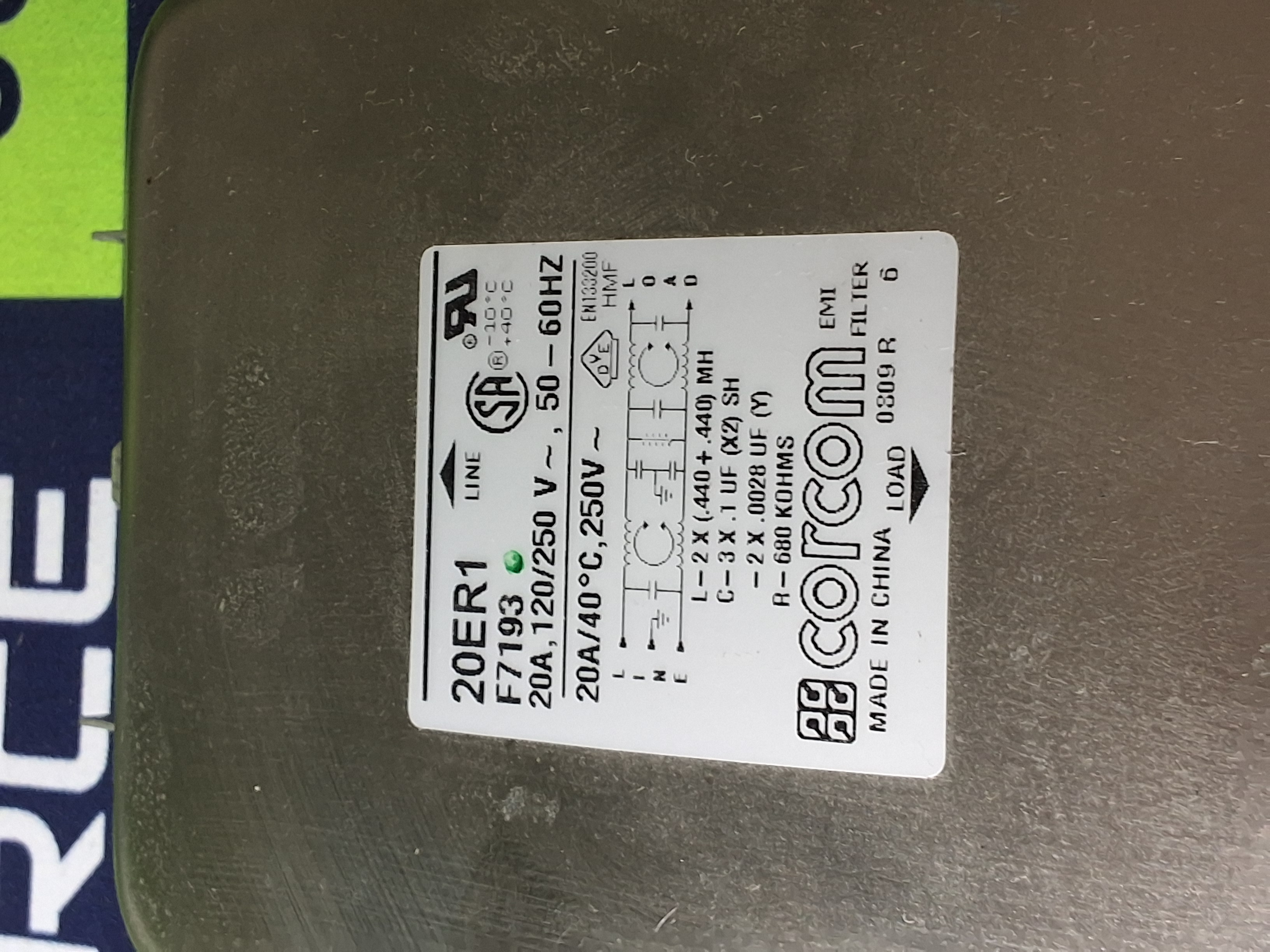 Used CORCOM 20ER1 POWER LINE FILTER 20A 120/250V 50/60Hz