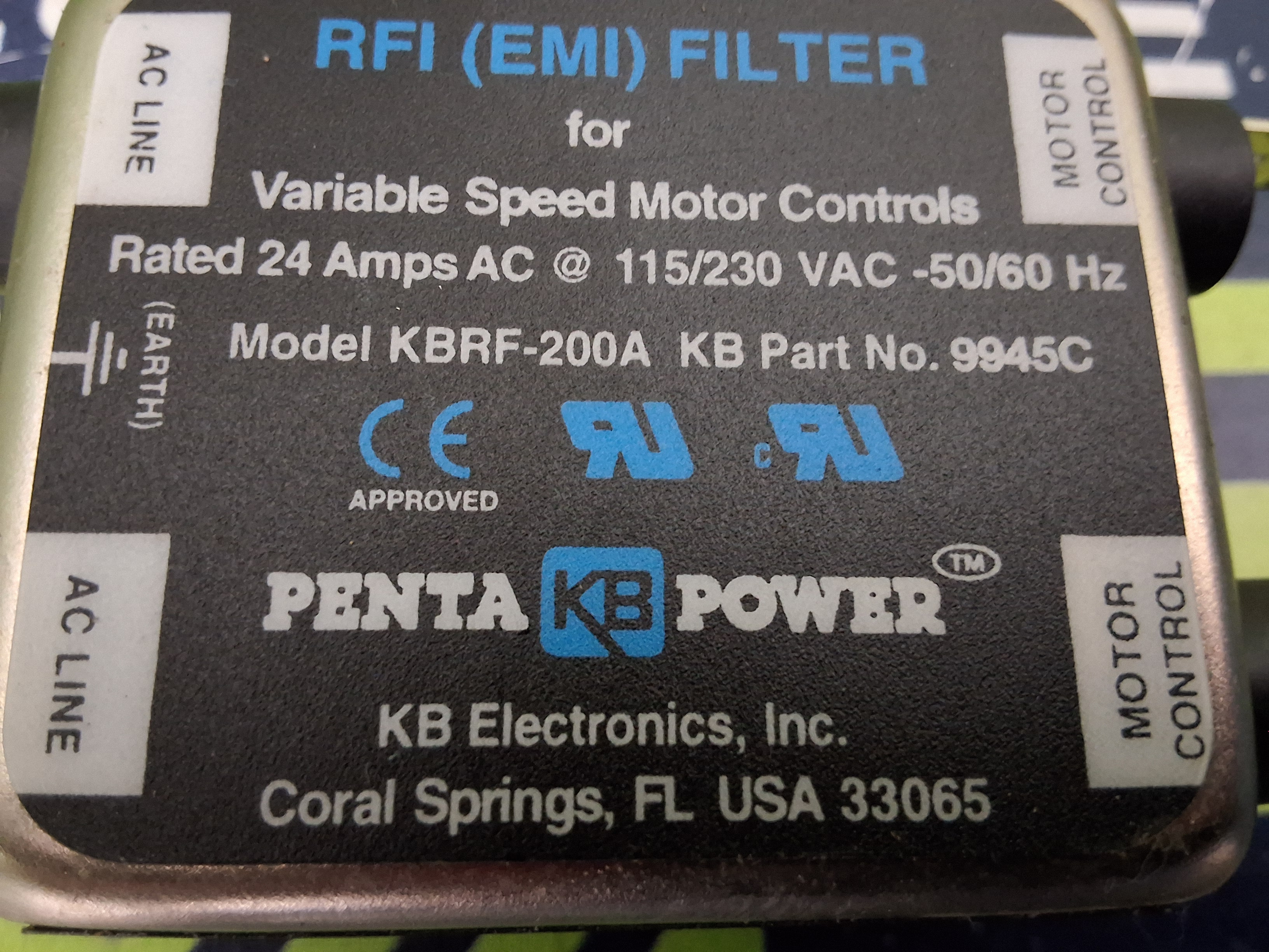 Used KB ELECTRONICS PENTA POWER KBRF-200A RFI (EMI) FILTER 9945C