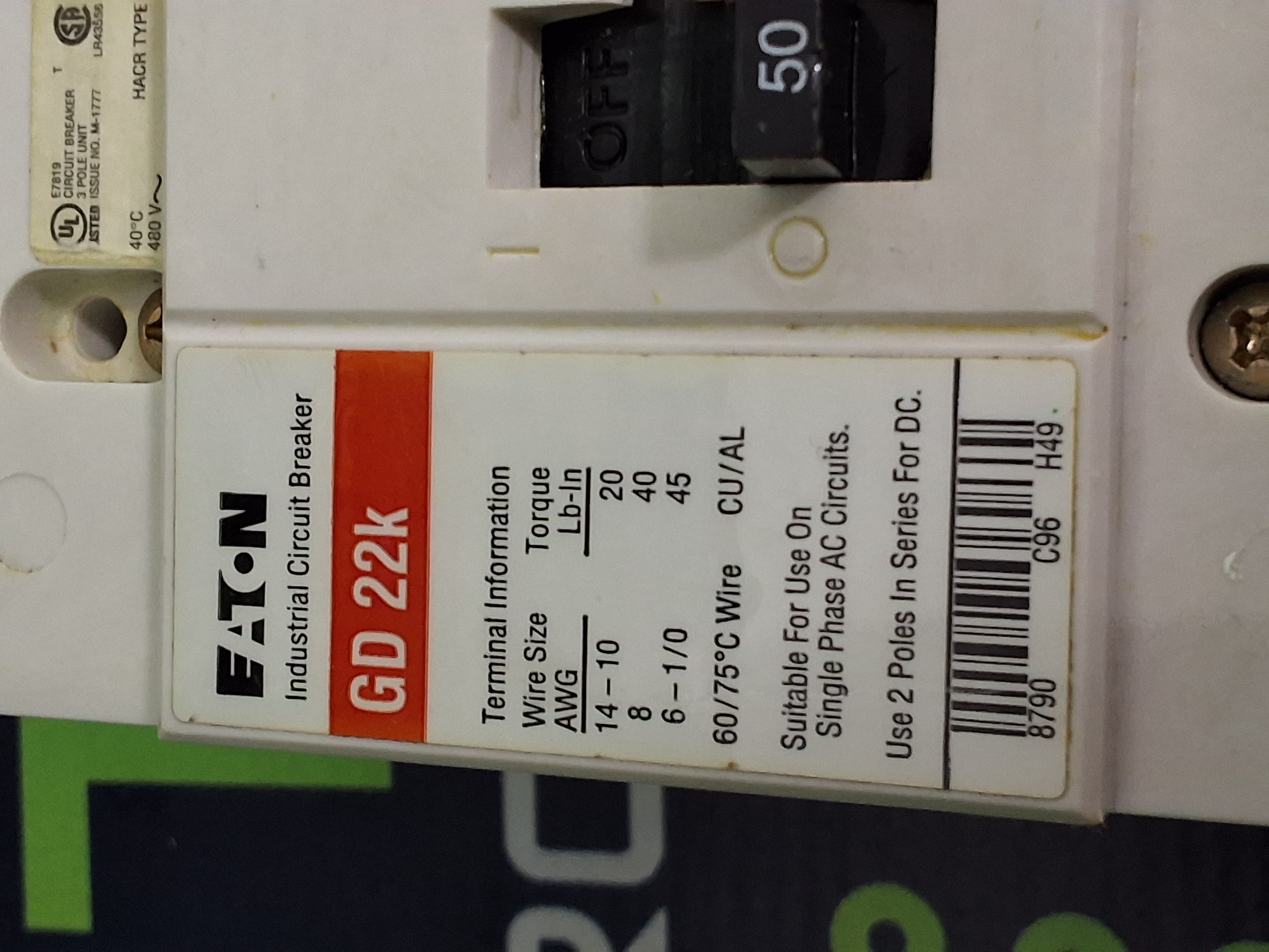 Used EATON GD22k MOLDED-CASE CIRCUIT BREAKER 3-POLE