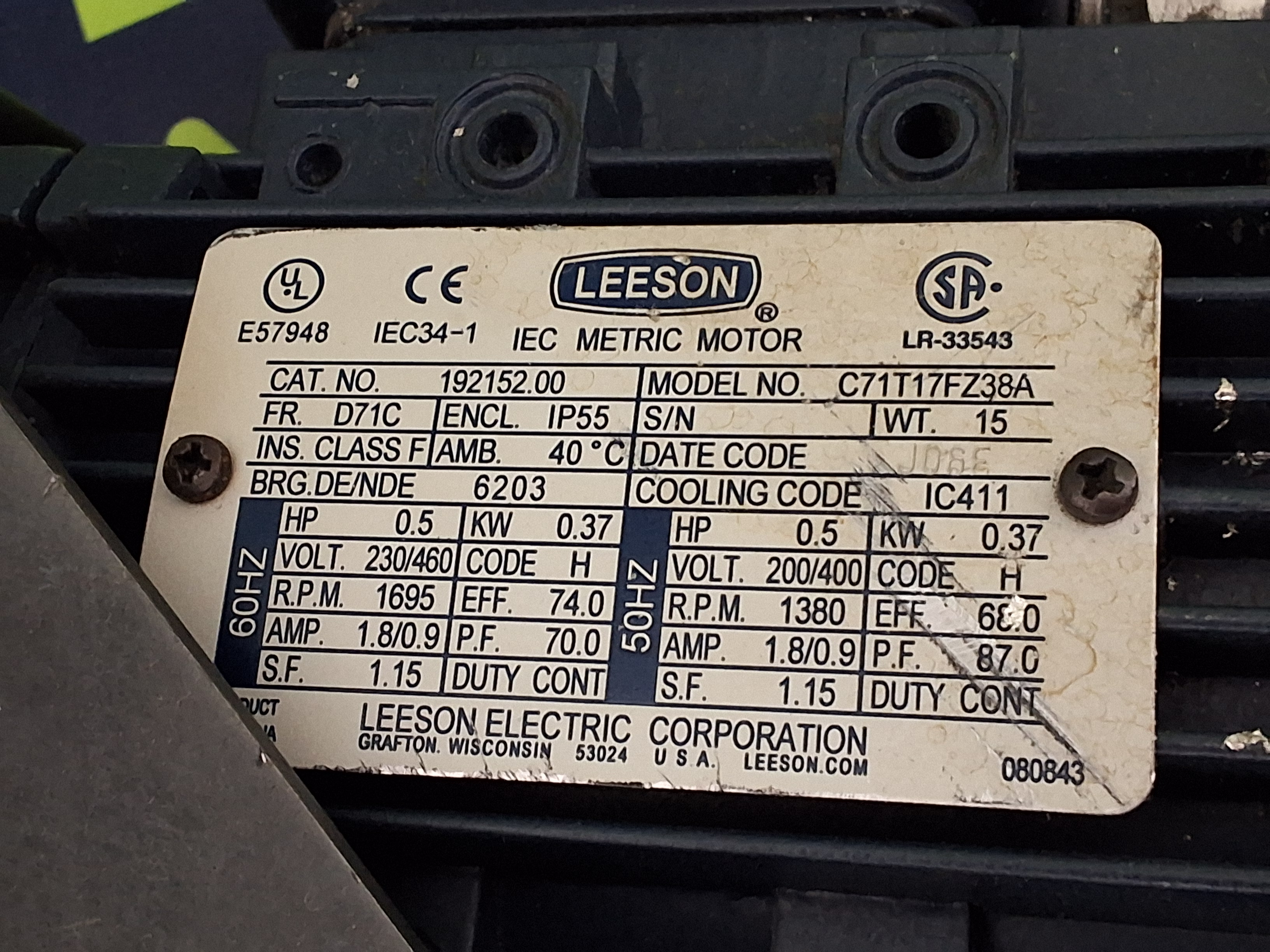 Used LEESON C71T17FZ38A / 192152.00 IEC METRIC MOTOR 60/50Hz