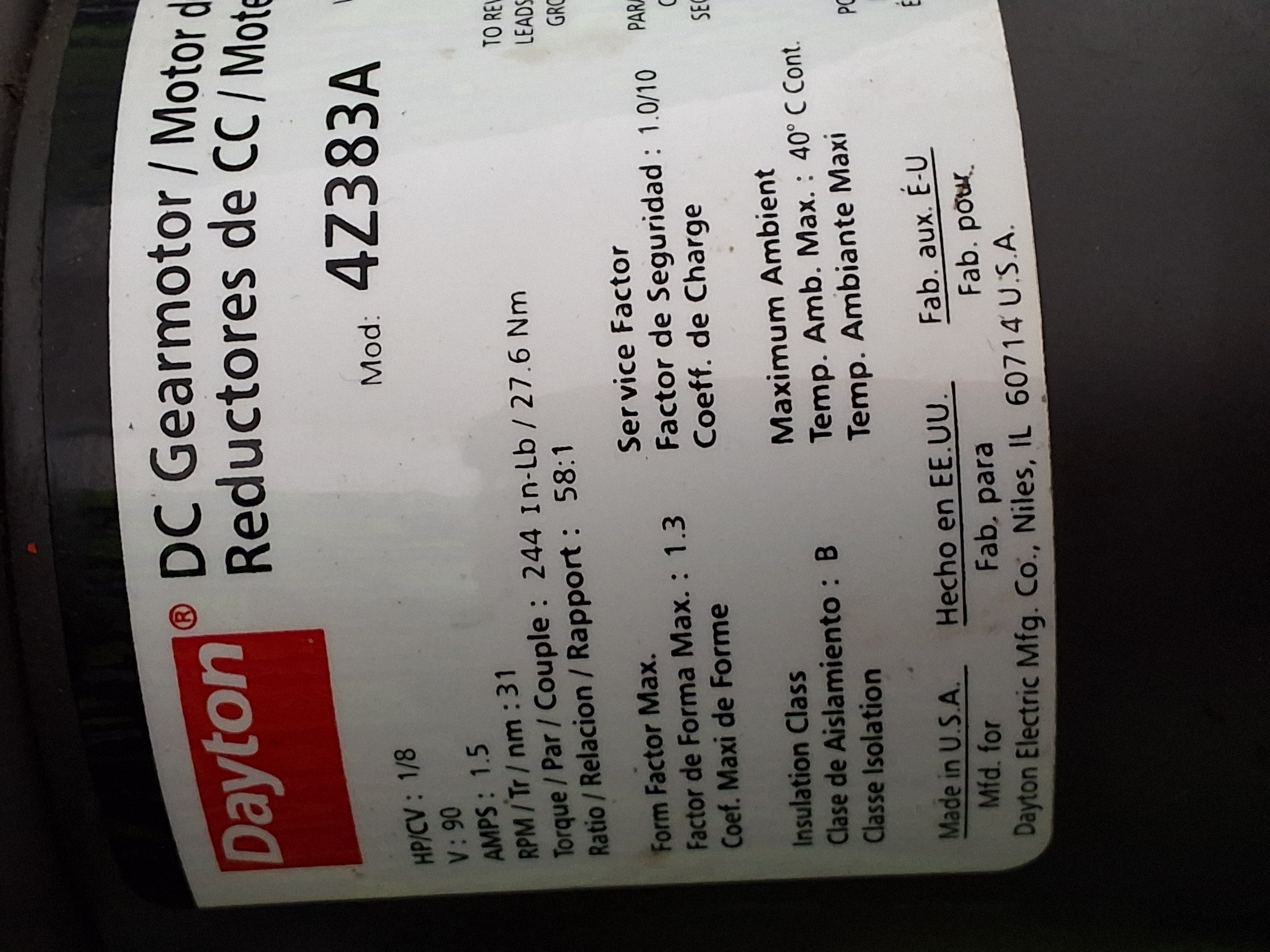 Used DAYTON 4Z383A DC GEARMOTOR 1/8HP 90V 31RPM 1.5A