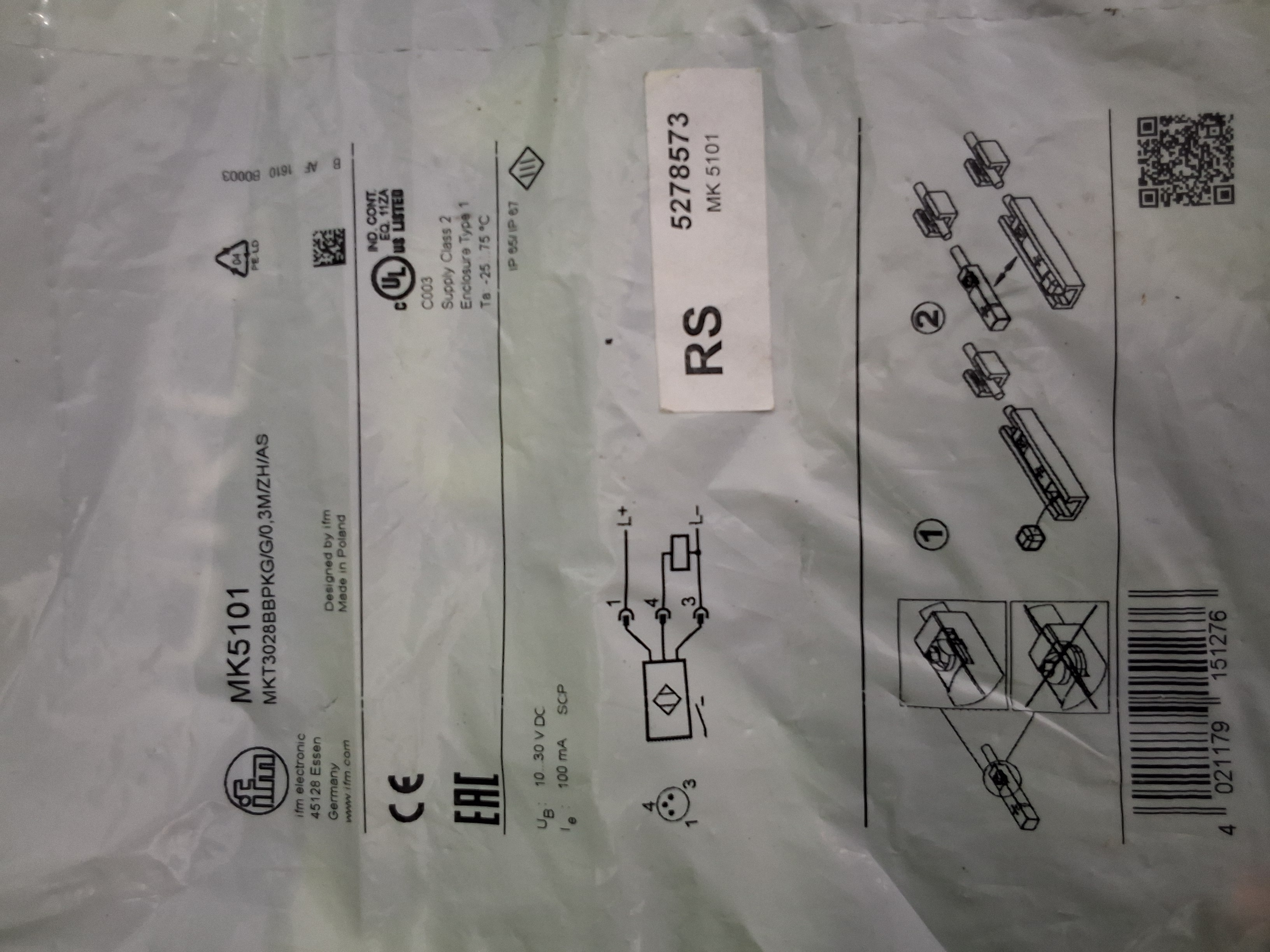 IFM ELECTRONIC MK5101 MAGNETIC SENSOR MKT3028BBPKG/G/0,3M/ZH/AS - BRAND NEW