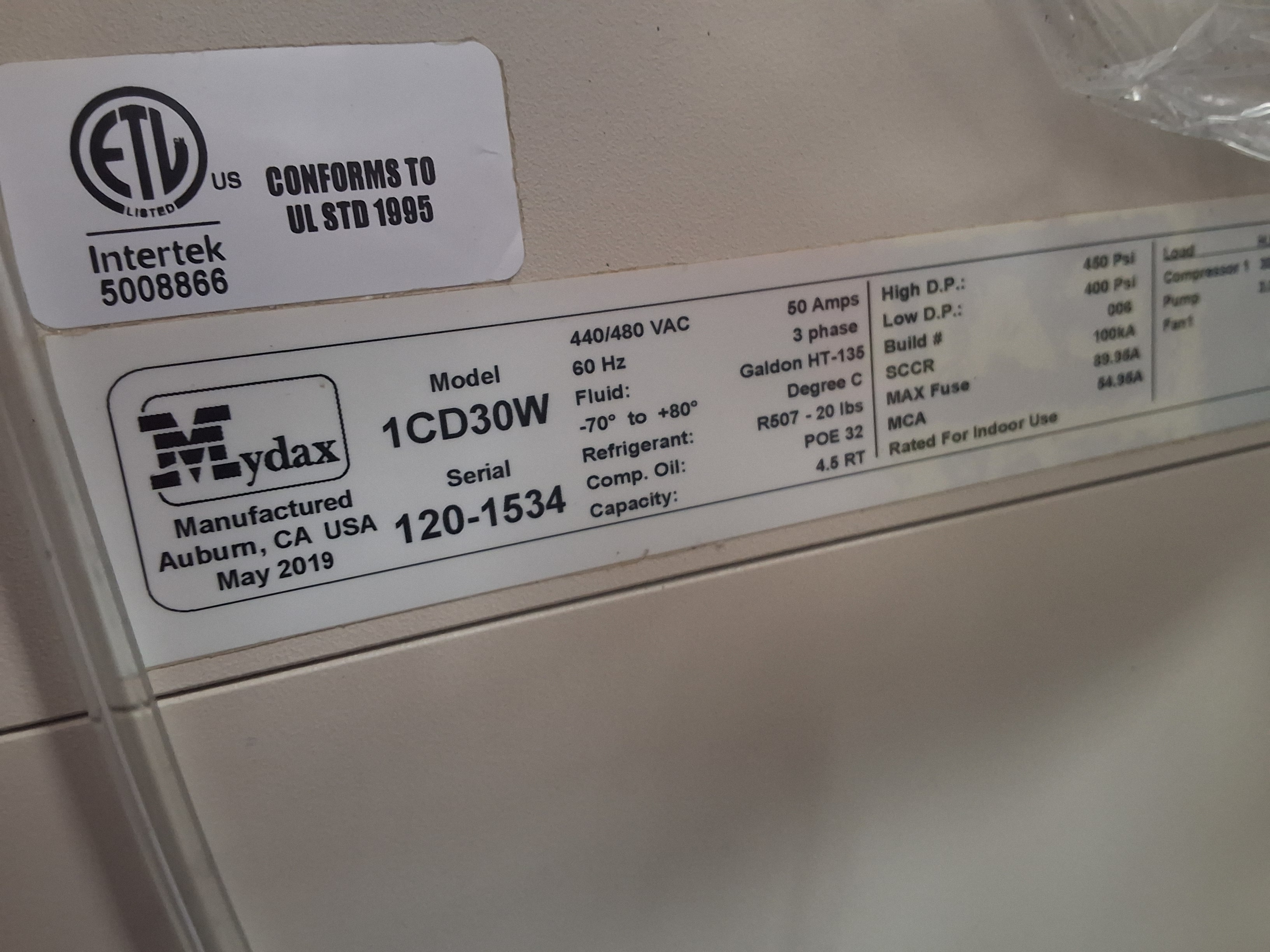 Used Mydax 1CD30W WATER-COOLED PRECISION RECIRCULATING CHILLER