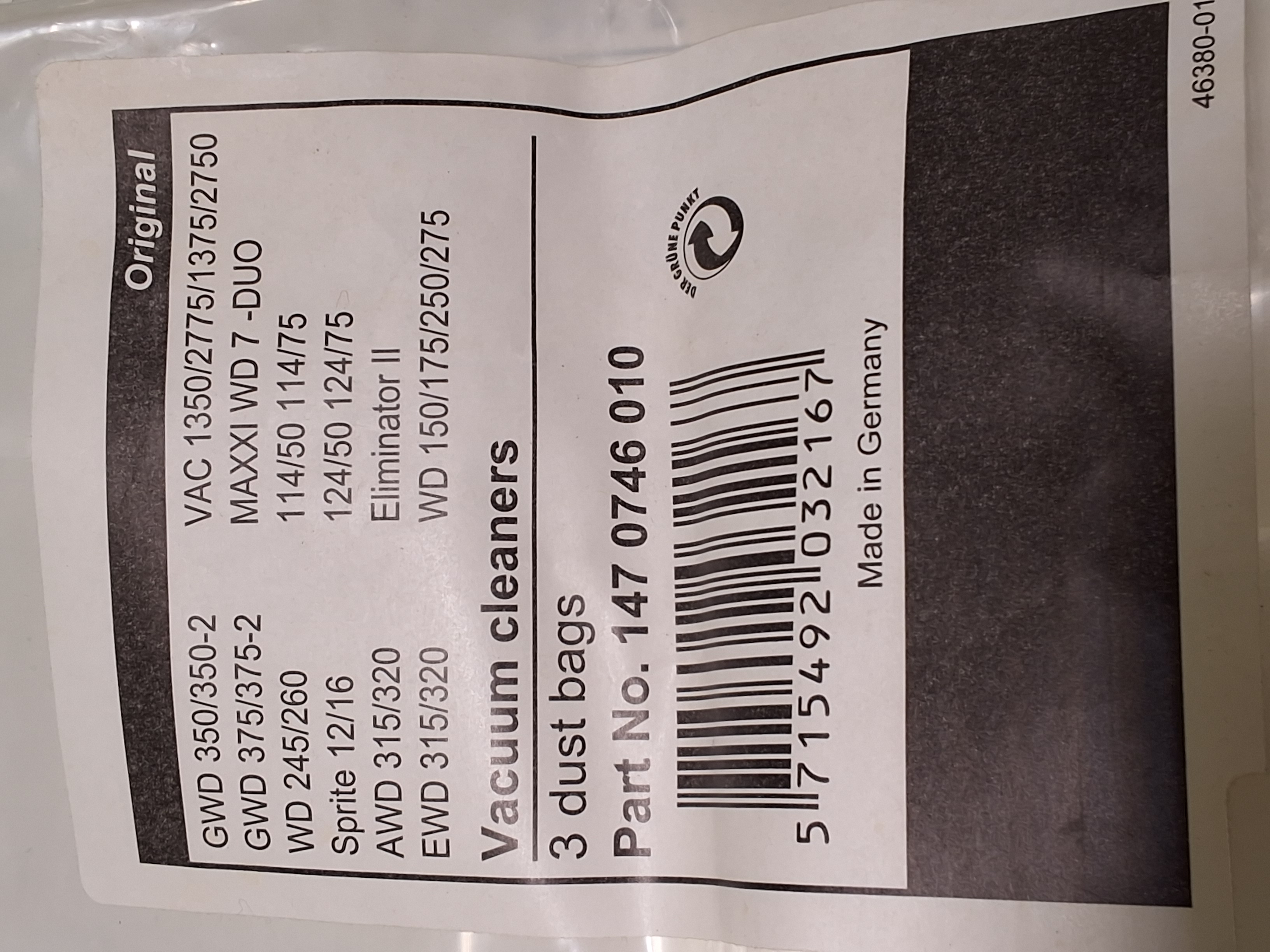 NILFISK 147 0746 010 WET/DRY VACUUM BAG 3 PACK - BRAND NEW