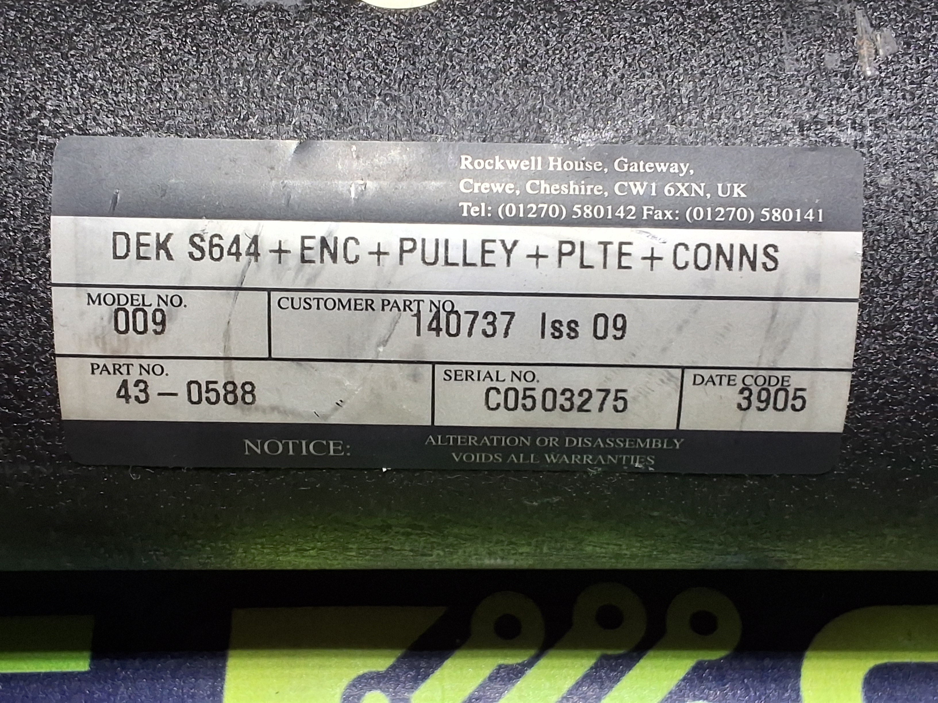 Used DEK S644+ENC+PULLEY+PLTE+CONNS DC MOTOR 43-0588