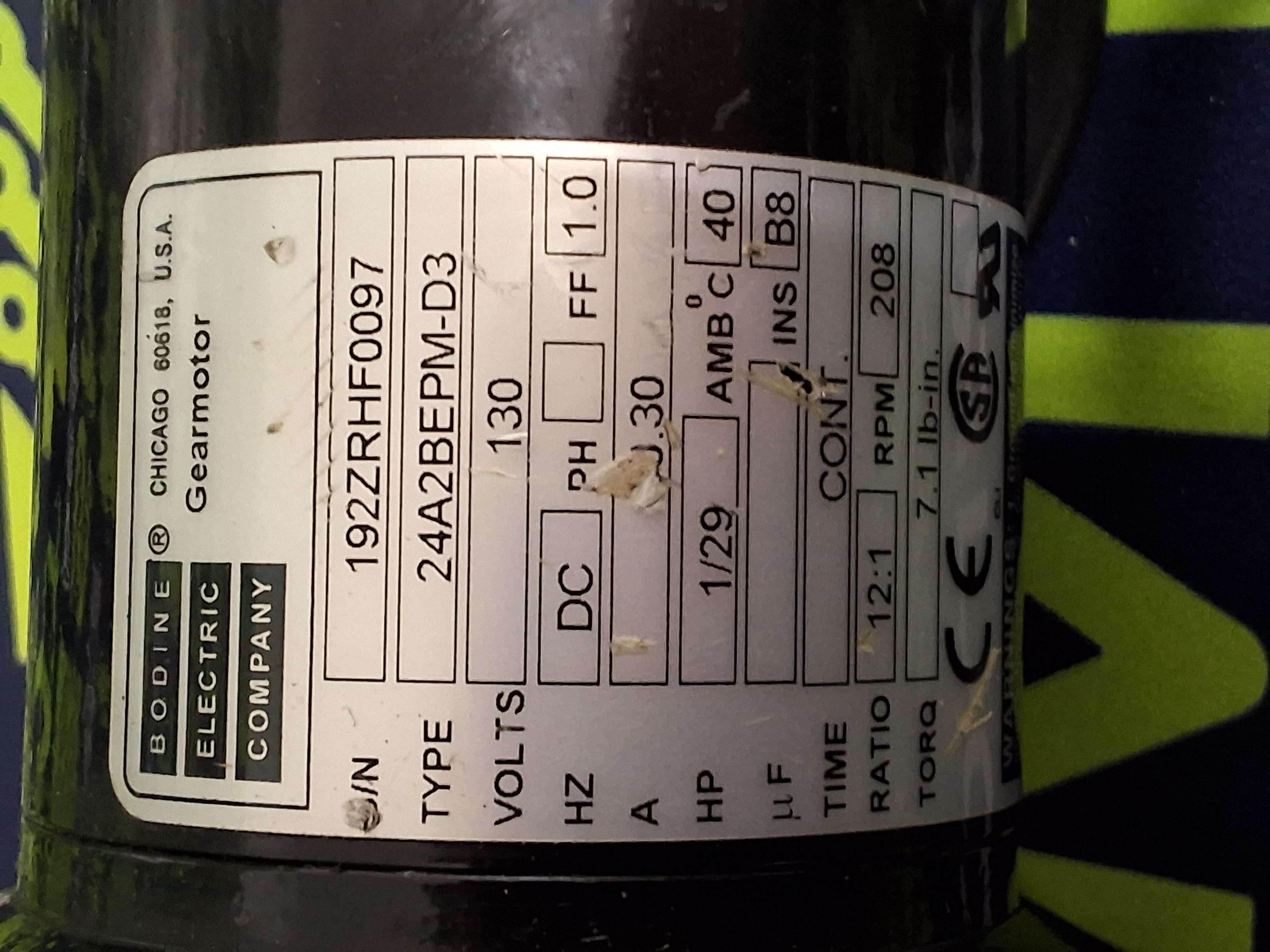 Used BODINE ELECTRIC 24A2BEPM-D3 DC GEARMOTOR 130V .30A 1/29HP 12:1 208RPM