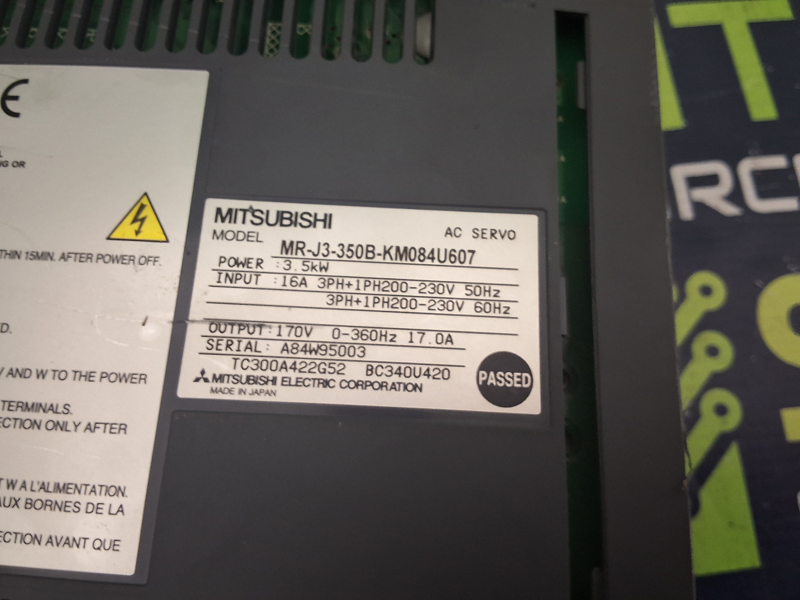 Used MITSUBISHI MR-J3-350B-KM084U607 AC SERVO DRIVE / AMPLIFIER - MELSERVO-J3 SERIES 3.5kW - PARTS ONLY