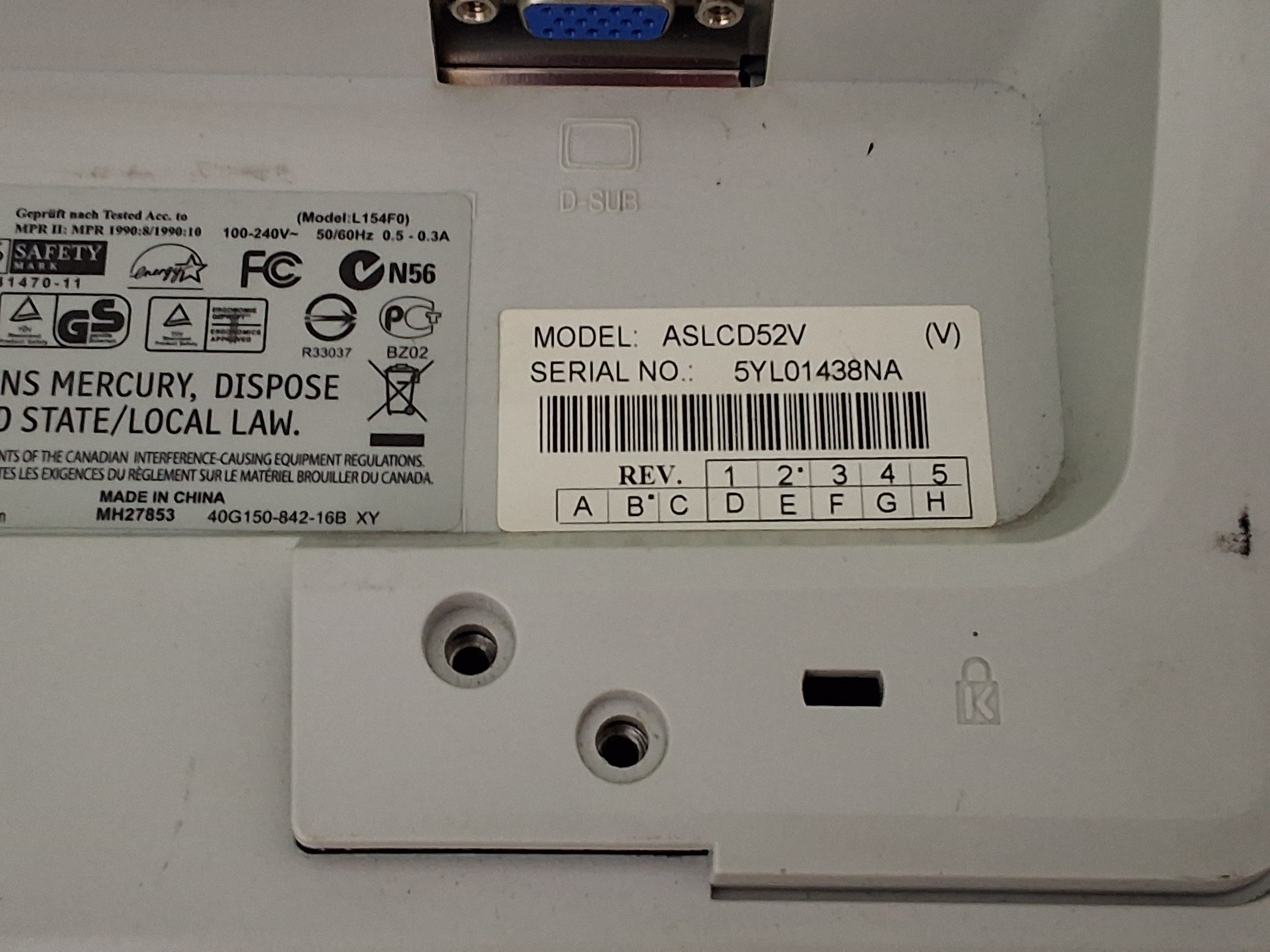 Used NEC AccuSync ASLCD52V FLAT-PANEL LCD MONITOR 52V L154F0
