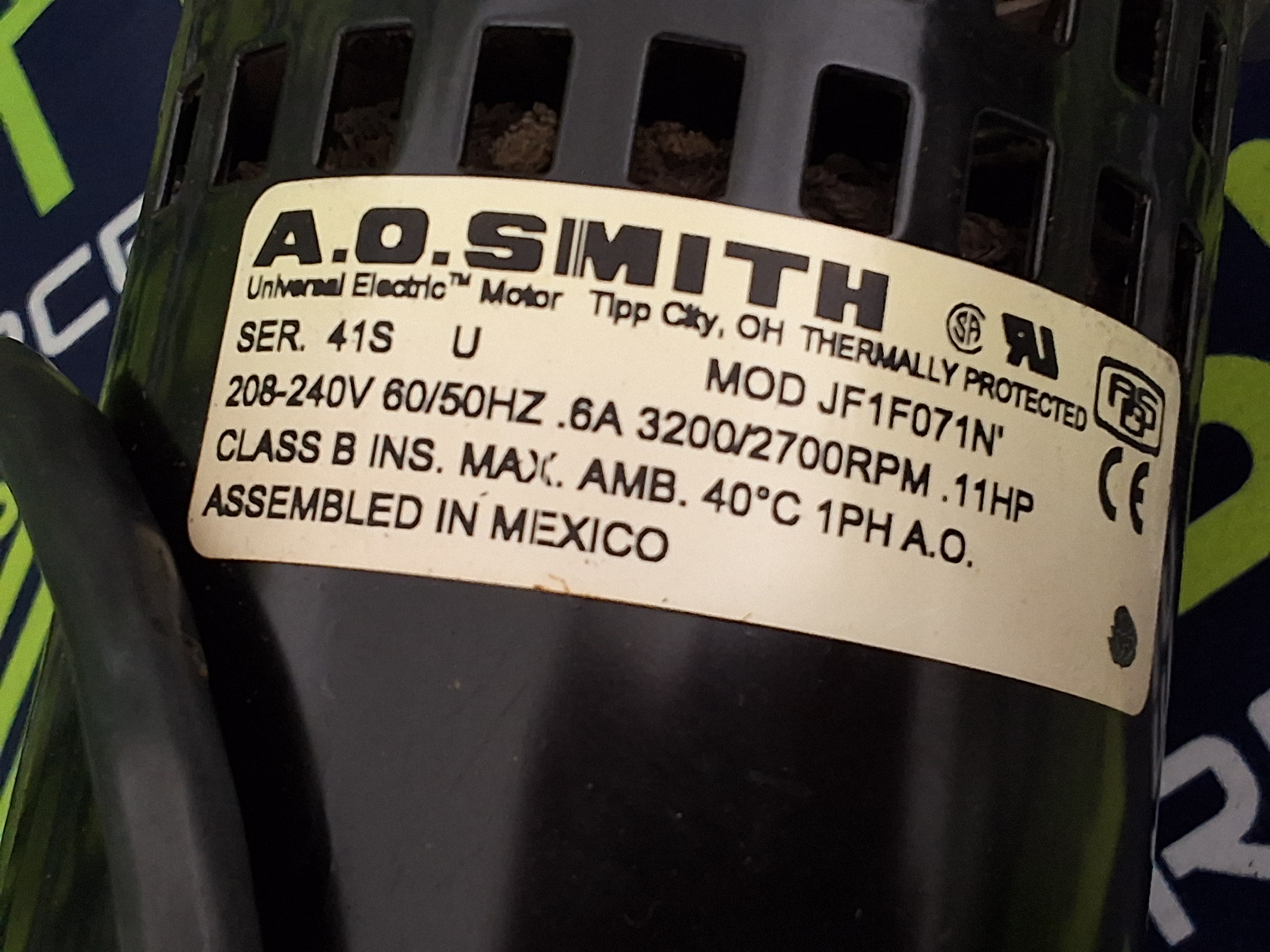 Used A.O. SMITH JF1F071N CONVECTION BLOWER DRIVE MOTOR & CAGE FAN