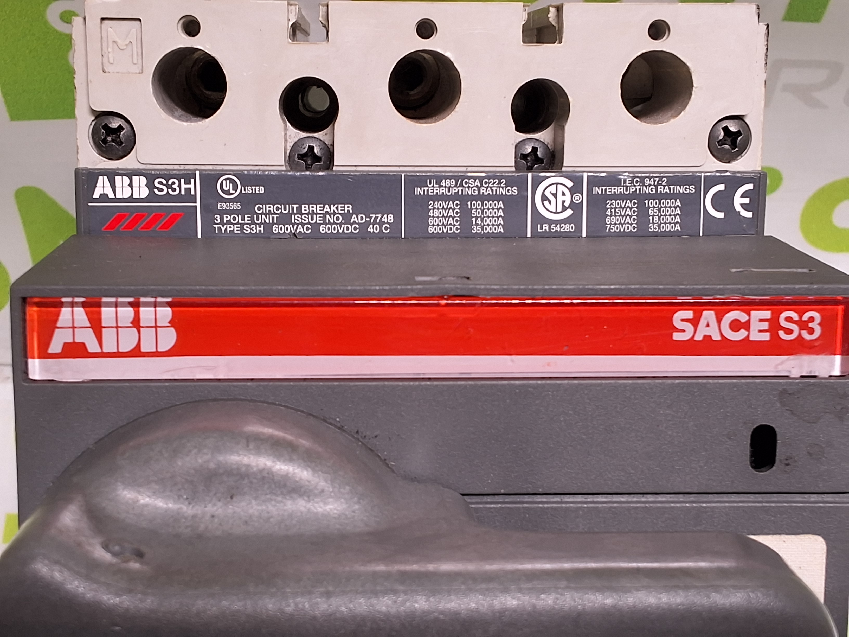 Used ABB SACE S3 S3H 90A 3-POLE CIRCUIT BREAKER 600VAC