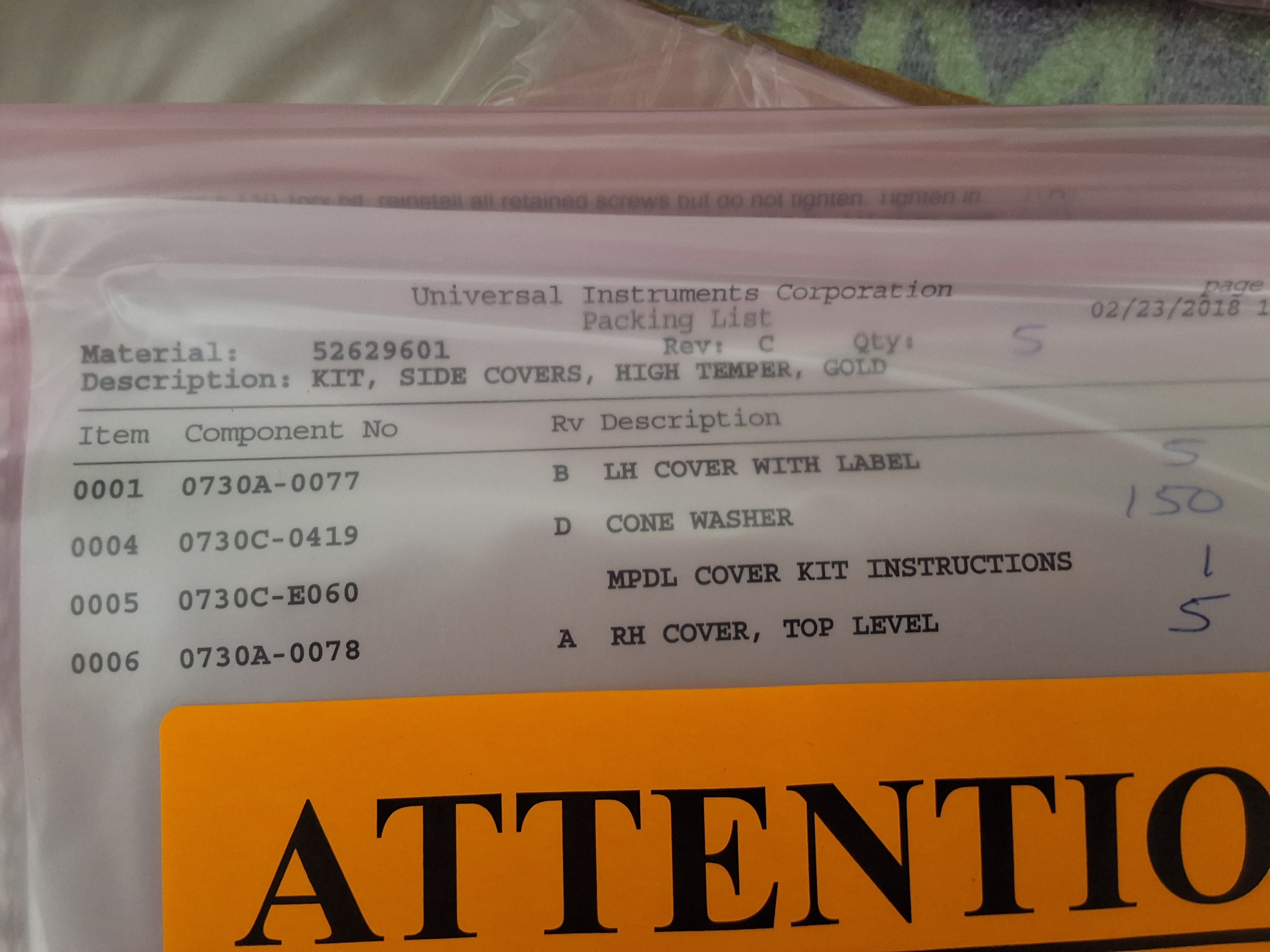 UNIVERSAL INSTRUMENTS 52629601 KIT, SIDE COVERS, HIGH TEMPER, GOLD - BRAND NEW