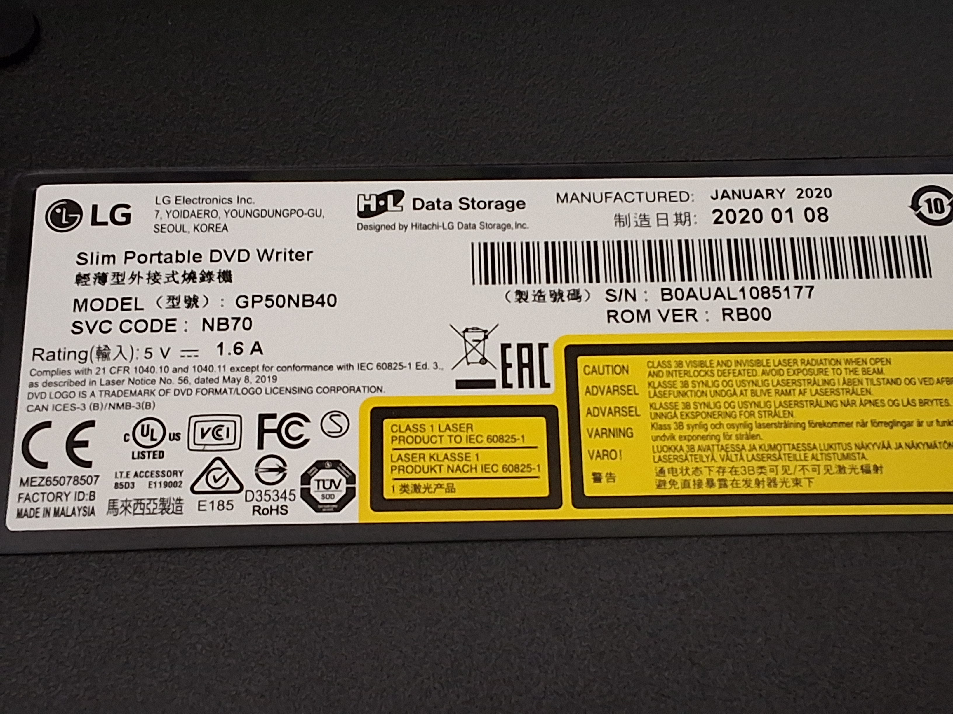 LG GP50NB40 SLIM PORTABLE DVD WRITER - NEW