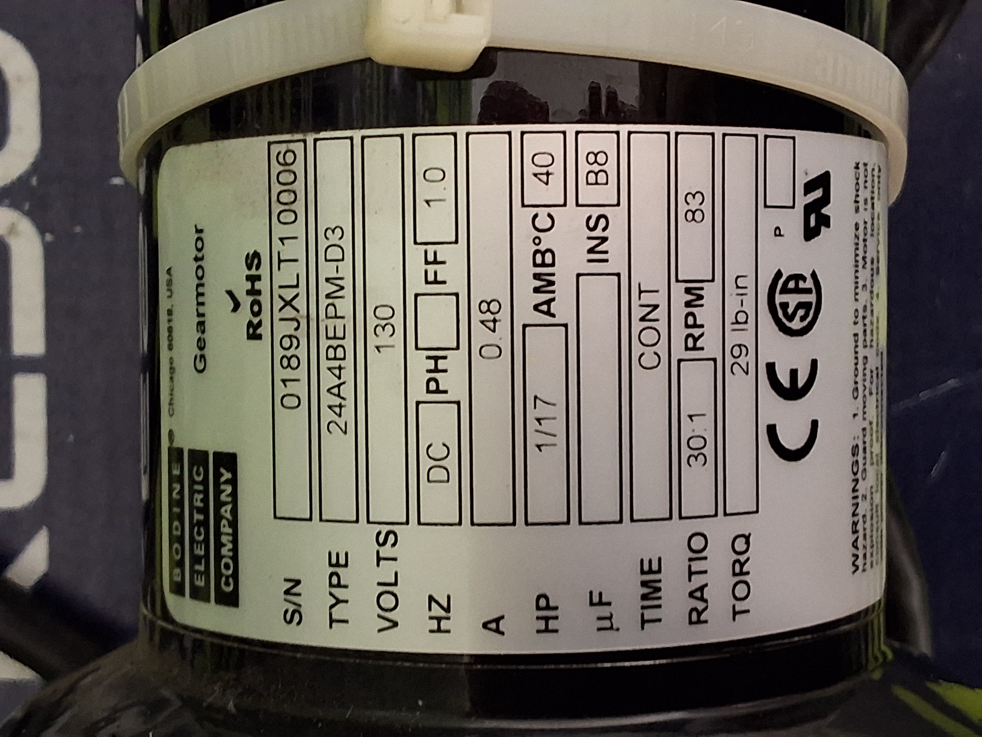 Used BODINE 24A4BEPM-D3 DC GEARMOTOR 130V 30:1 RATIO