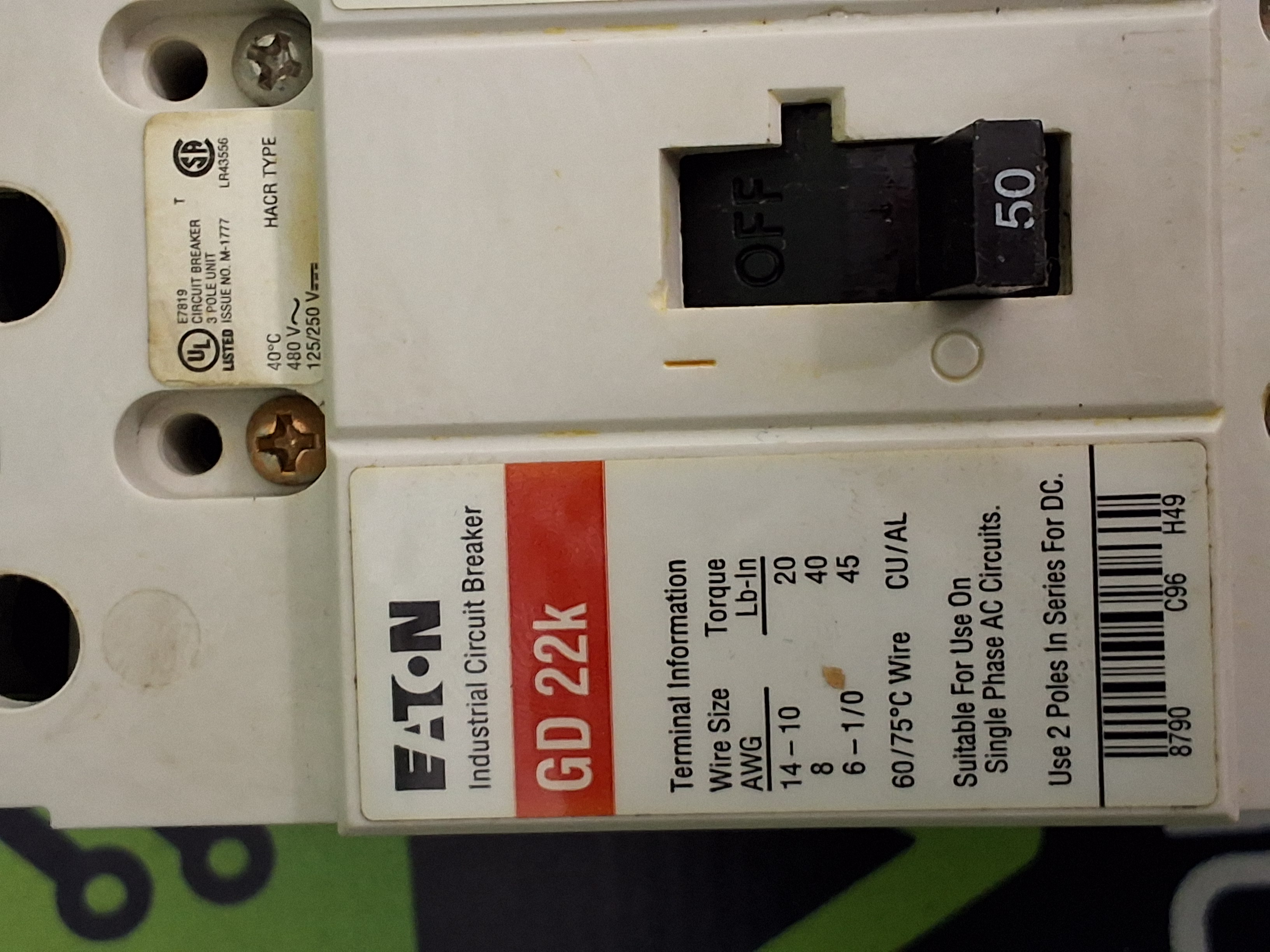 Used EATON GD22k MOLDED-CASE CIRCUIT BREAKER 3-POLE