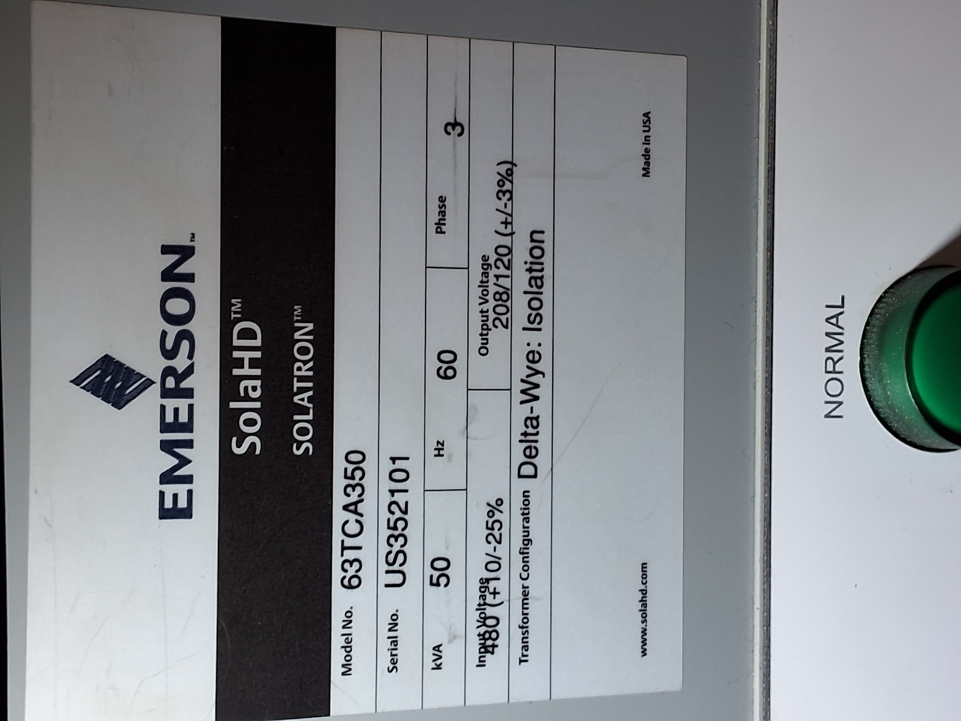 Used SOLATRON SolaHD EMERSON 63TCA350 3-PHASE POWER CONDITIONER & VOLTAGE REGULATOR 480VAC 50kVA - TESTED