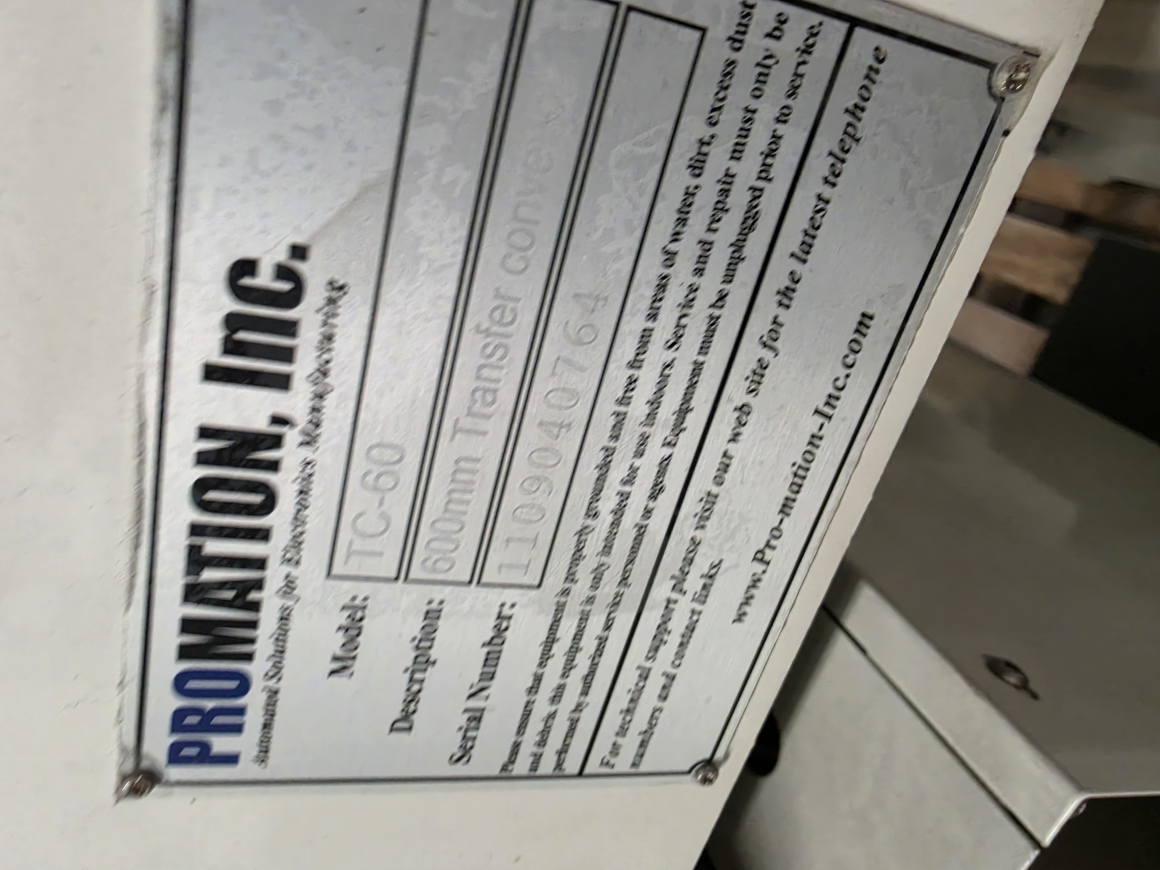 Used Promation TC-60 Transfer Conveyor