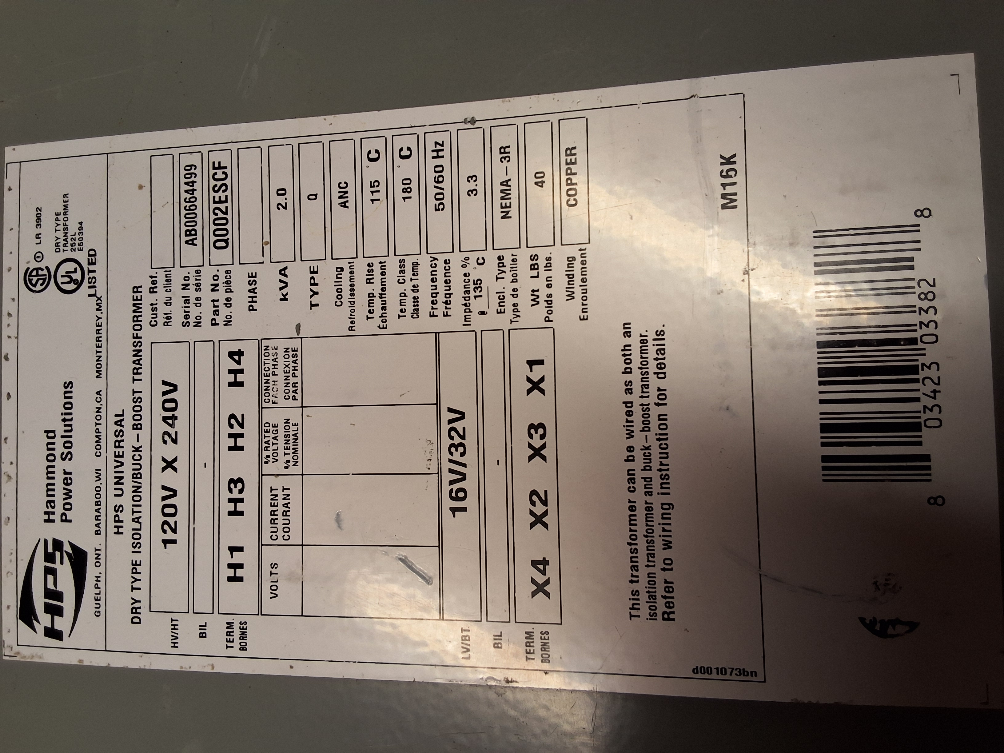 Used HAMMOND POWER SOLUTIONS Q002ESCF BOOST TRANSFORMER 120/240V 50/60Hz