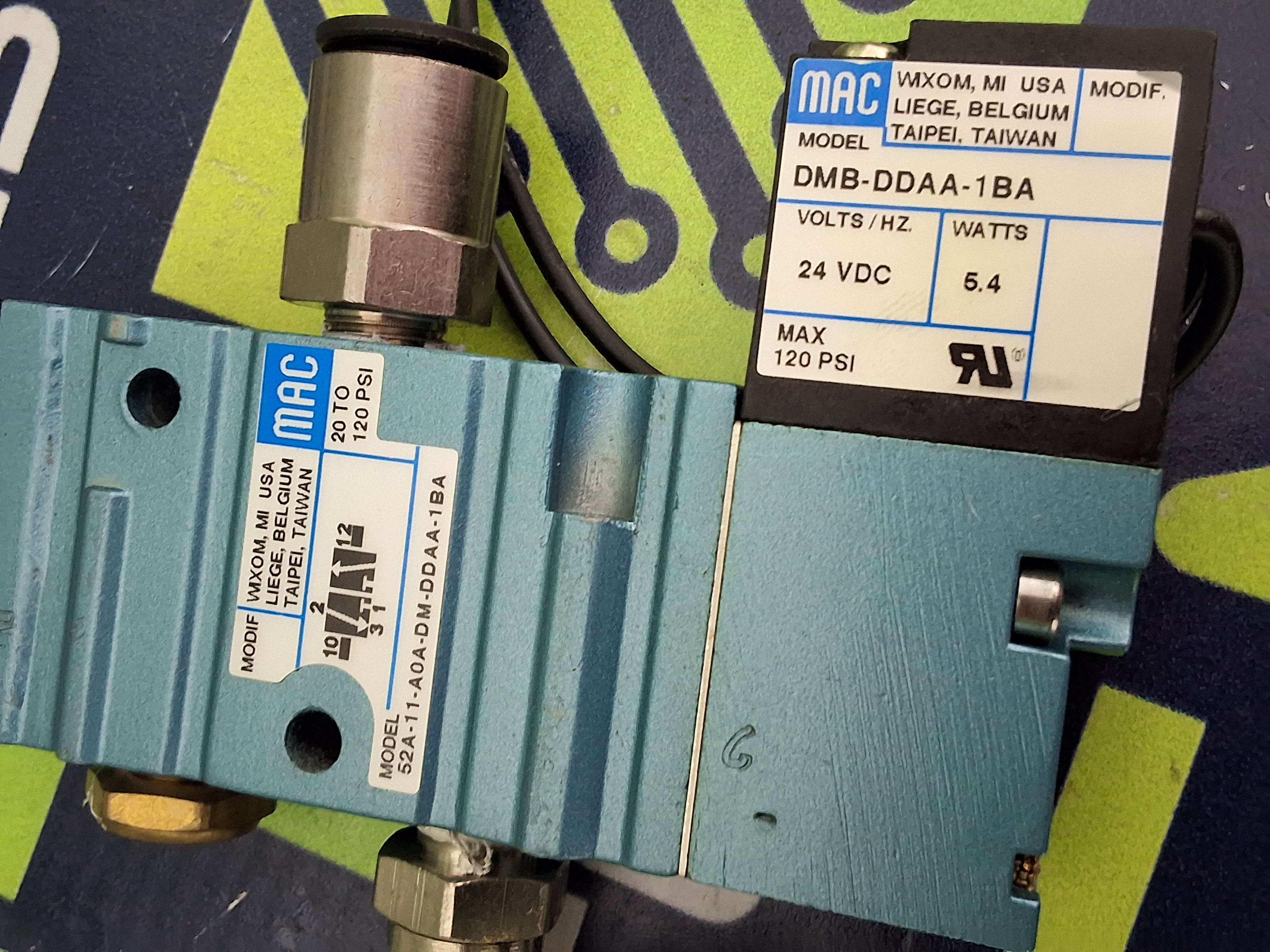 Used MAC VALVE 52A-11-AOA-DM-DDAA-1BA WITH DMB-DDAA-1BA SOLENOID VALVE