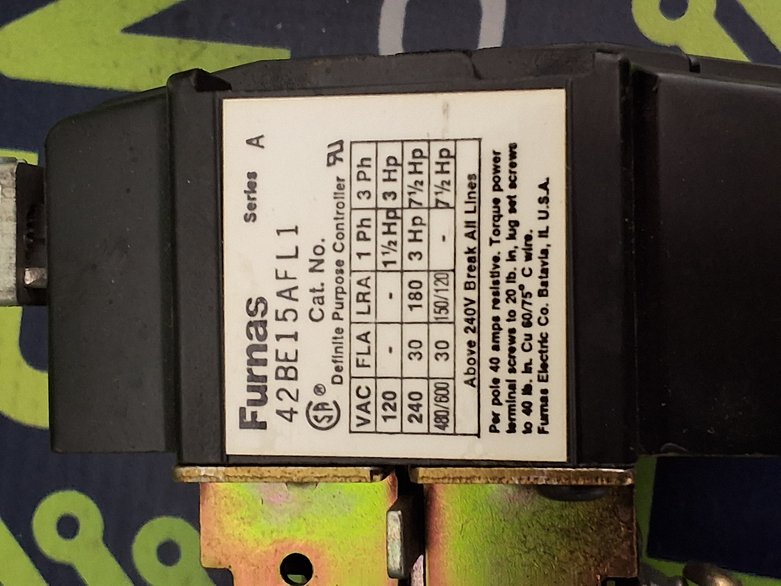 Used FURNAS 42BE15AFL1 DP CONTACTOR 2-POLE 30AMP 600V 110V COIL