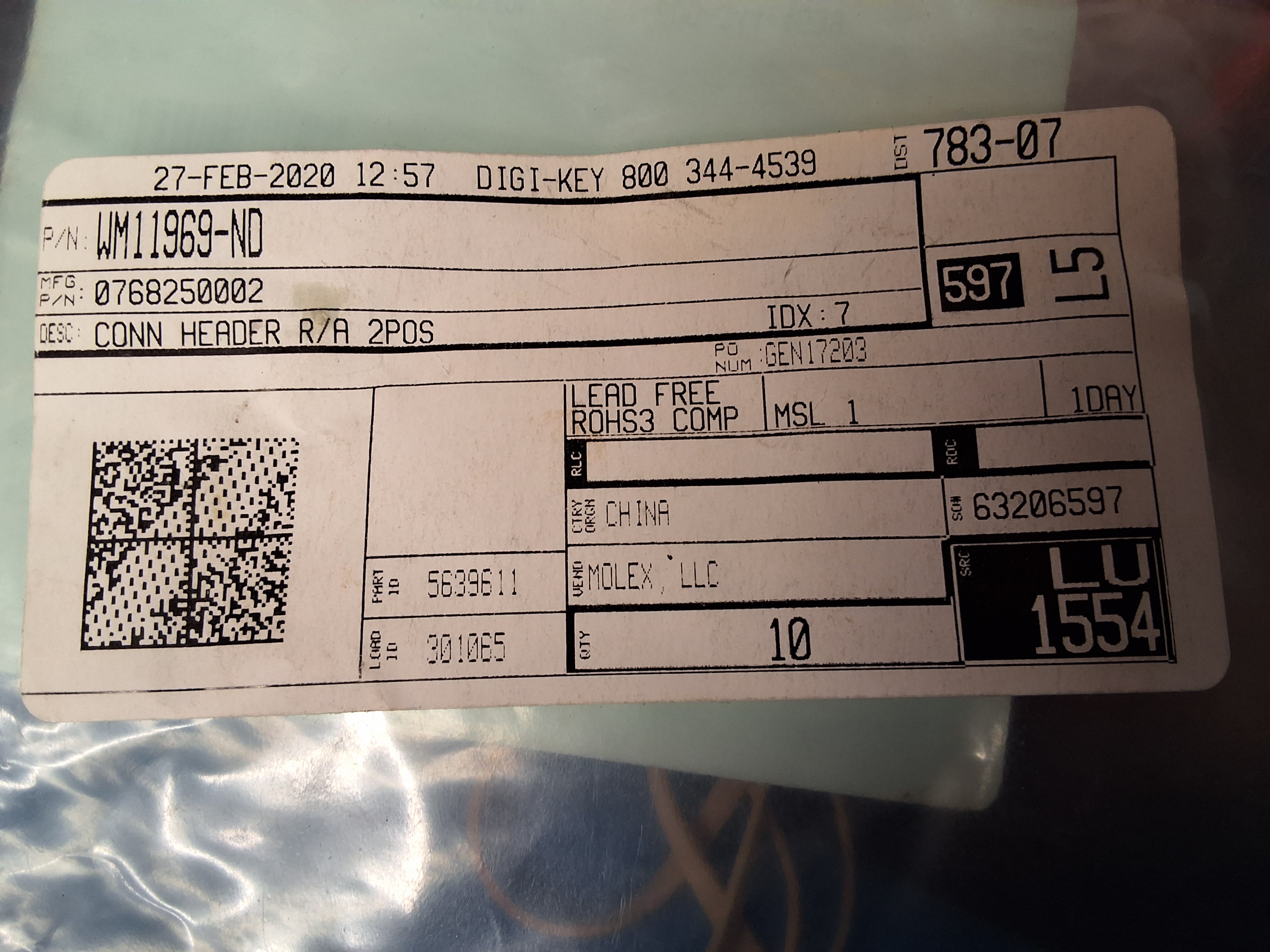 MOLEX WM11969-ND CONN HEADER R/A 2POS - LOT OF 8 - NEW