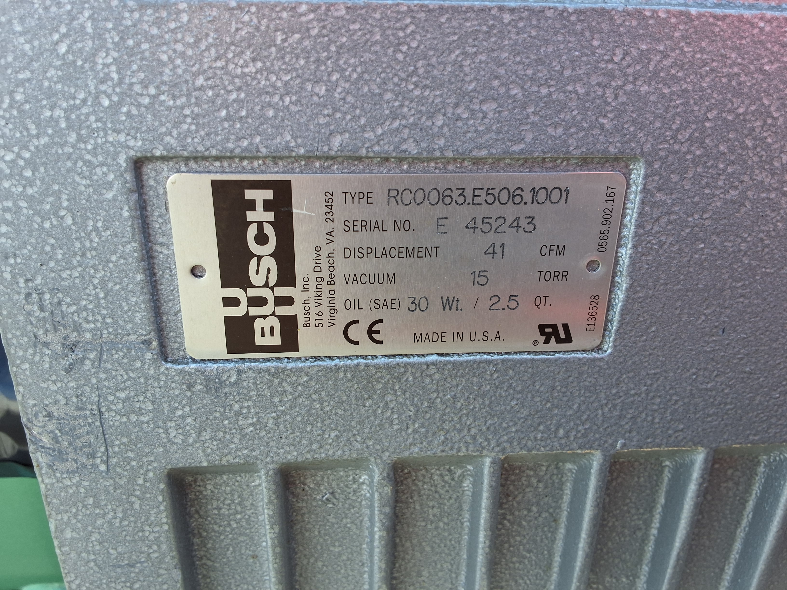 Used BUSCH RC0063.E506.1001 VACUUM PUMP W/ 5Z360A 60 GAL TANK & TOSHIBA B0034FLB2UMW INDUCTION MOTOR 