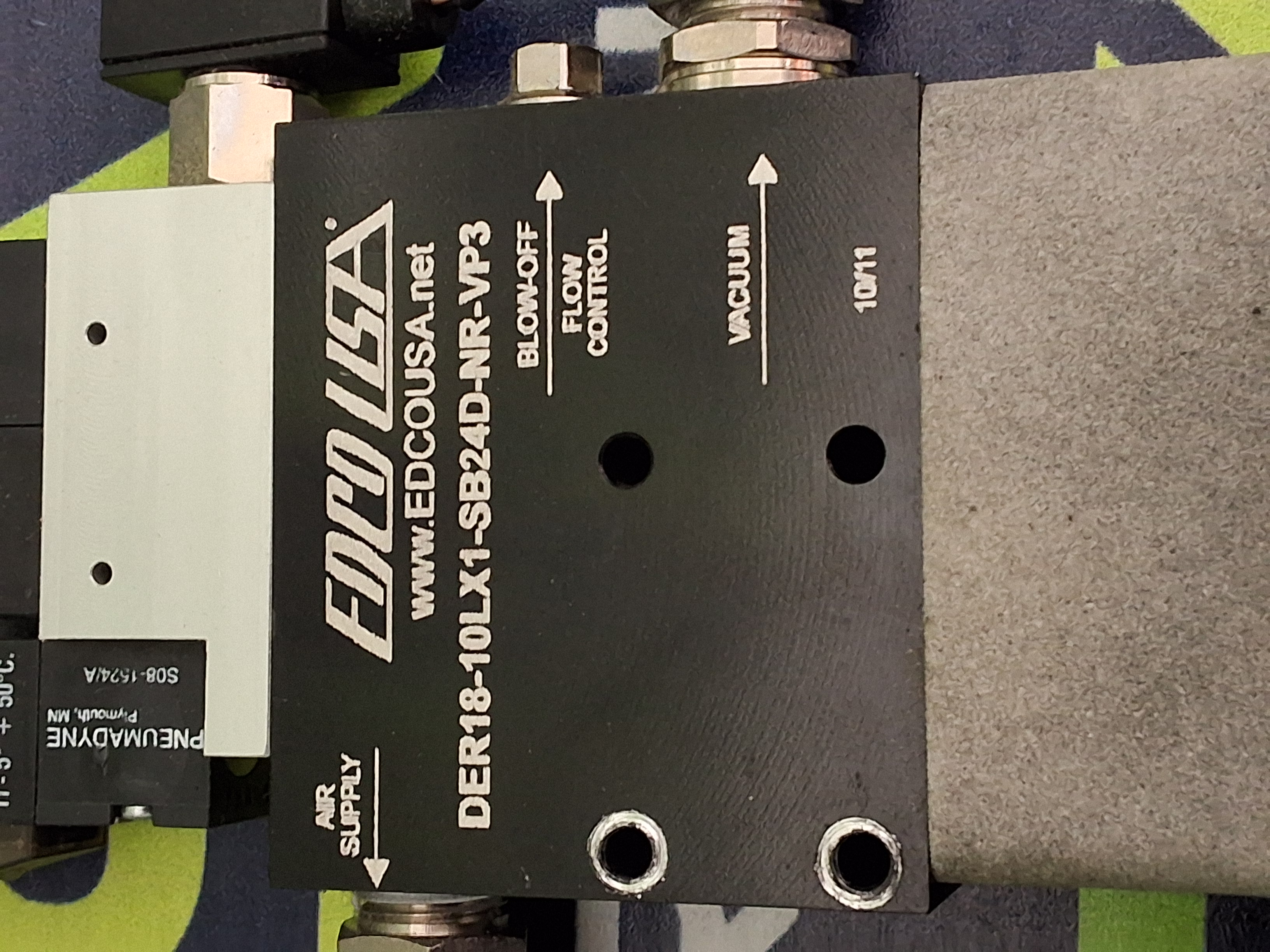 Used EDCO USA DER18-10LX1-SB24D-NR-VP3 SOLENOID CONTROLLED VACUUM PUMP & VALVE ASSEMBLY 24VDC 