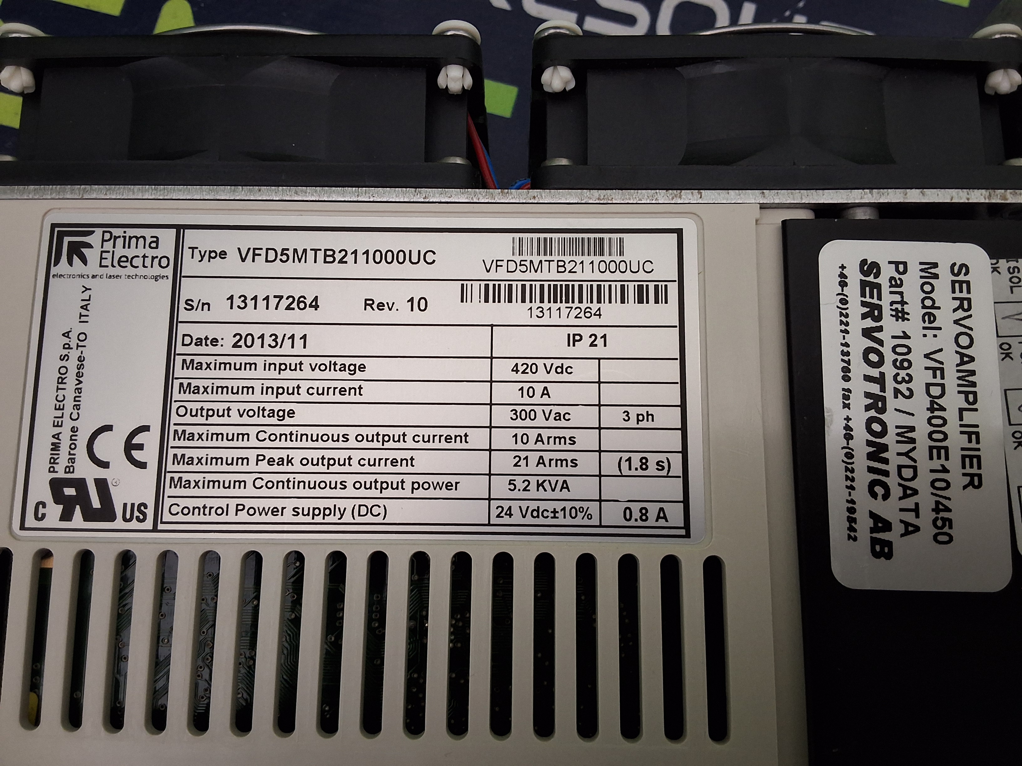 Used SERVOTRONIC VFD400E10/450 SERVO AMPLIFIER PN: 10932 / MYDATA VFD5MTB211000UC 